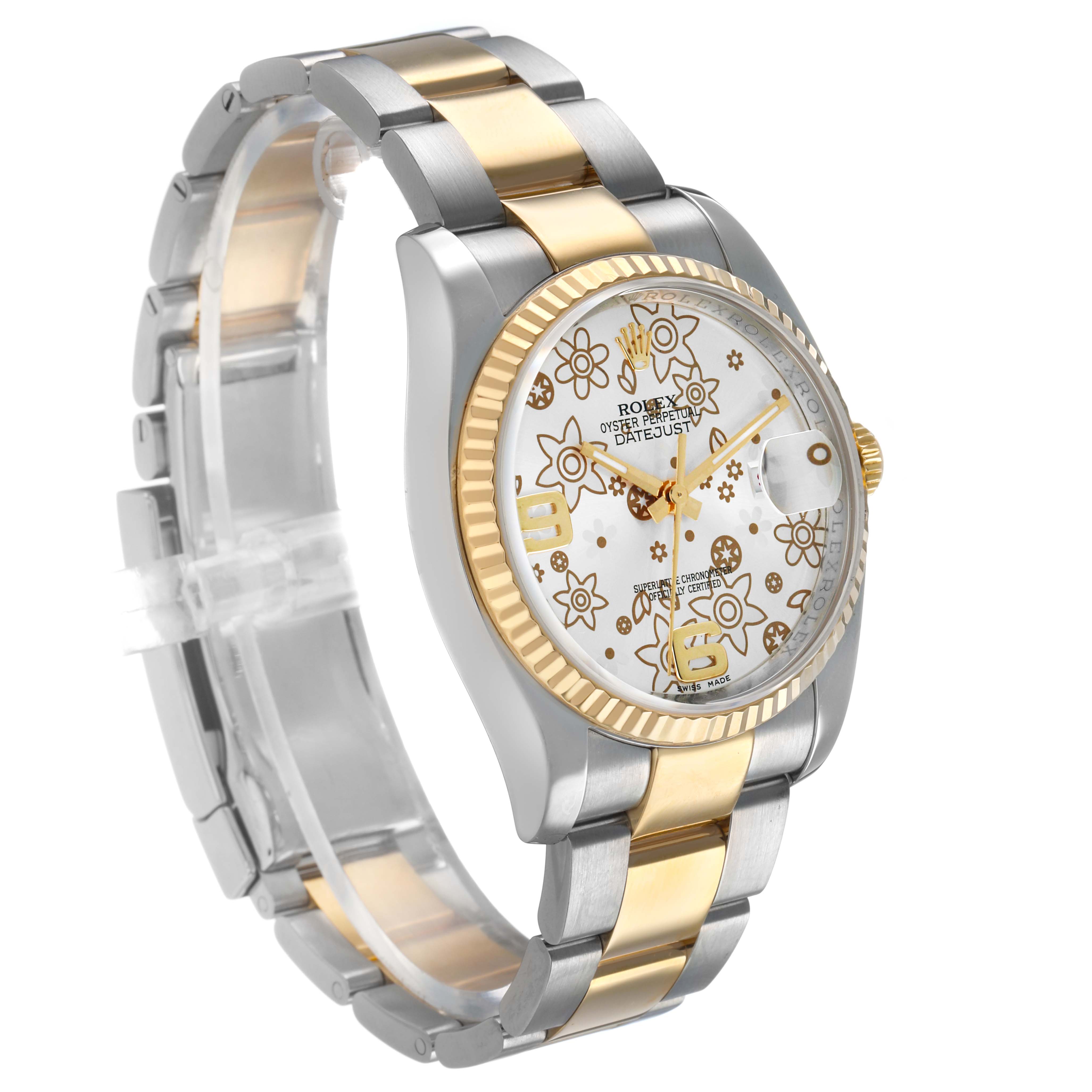 The Rolex Datejust 116233 Men's Steel and Gold (two tone) Silver Dial watch is shown from a side angle highlighting the two-tone bracelet and floral-patterned dial.