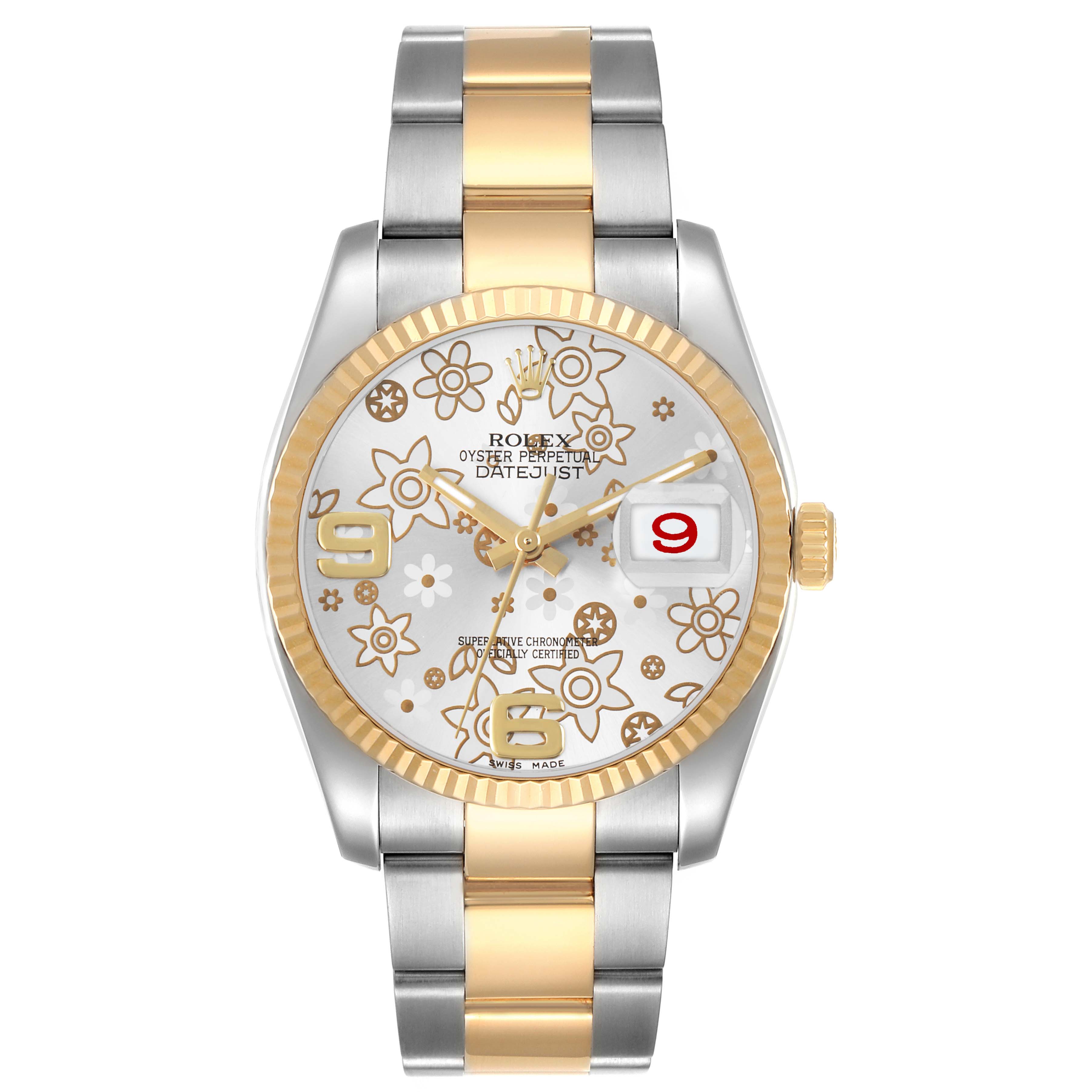 The Rolex Datejust 116233 Men's Steel and Gold (two tone) Silver Dial watch is shown from the front, highlighting its floral dial, fluted bezel, and two-tone metal bracelet.