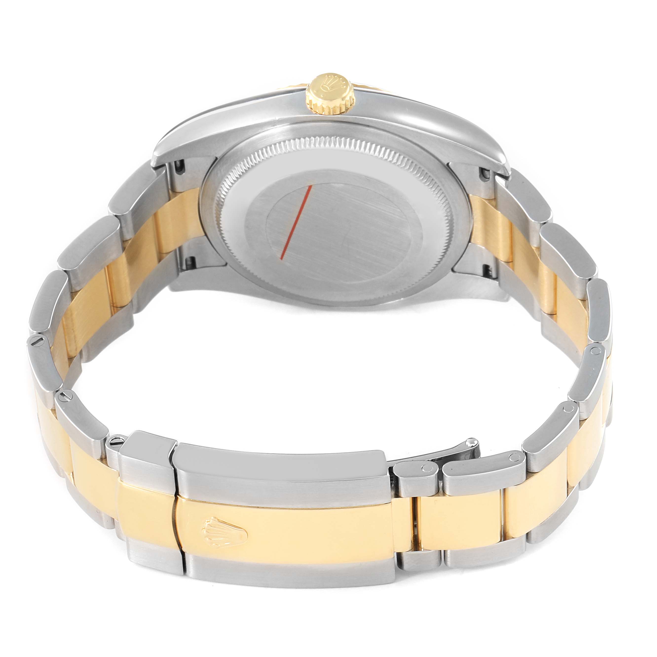 The image shows the back of a Rolex Datejust 116233 Men's Steel and Gold (two tone) Silver Dial watch, highlighting the case back, crown, and two-tone bracelet.