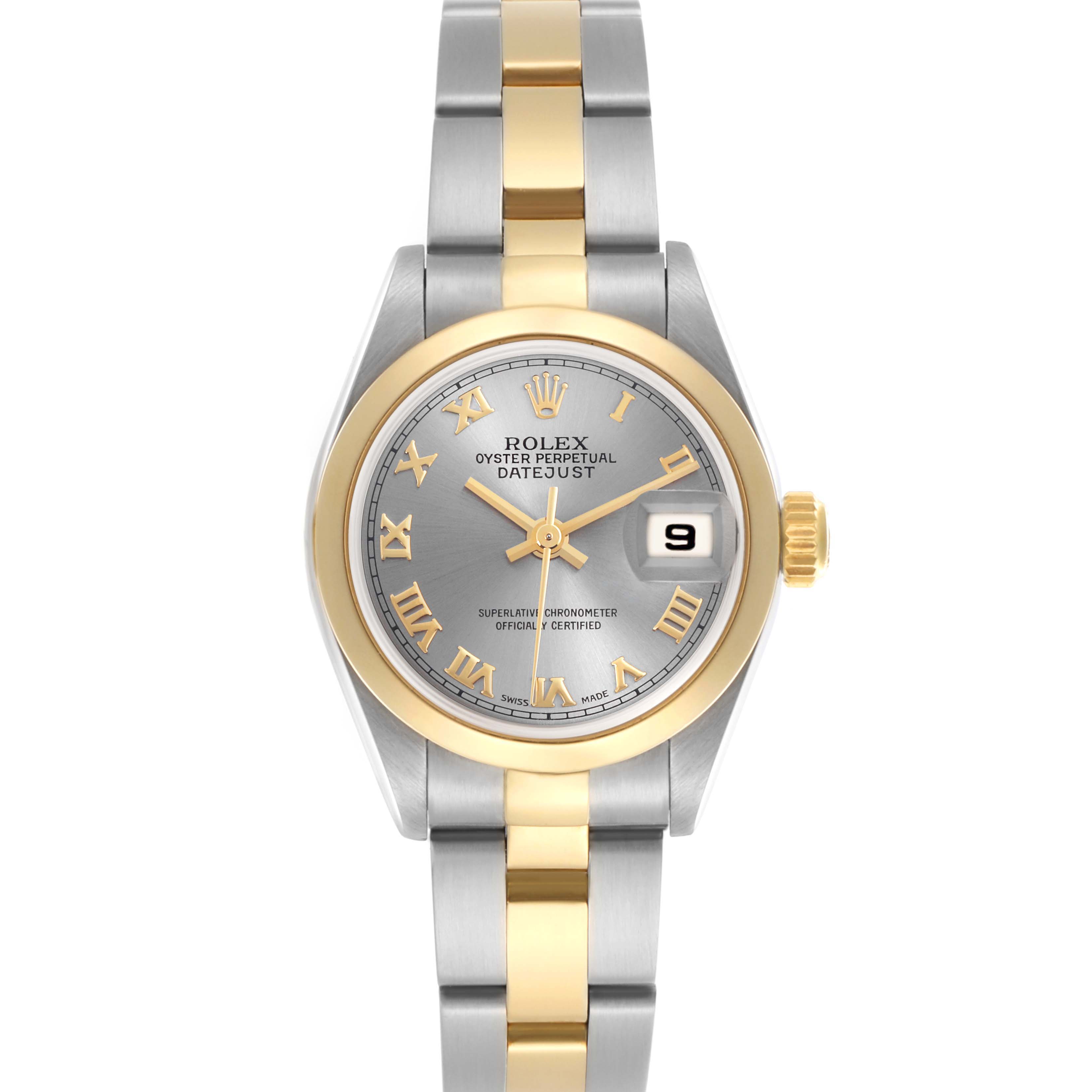 The Rolex Datejust 79163 Women's Steel and Gold (two tone) Grey Dial 79163 Women's Steel and Gold (two tone) Grey Dial watch is shown from a front angle, highlighting the dial, bezel, bracelet, and crown.