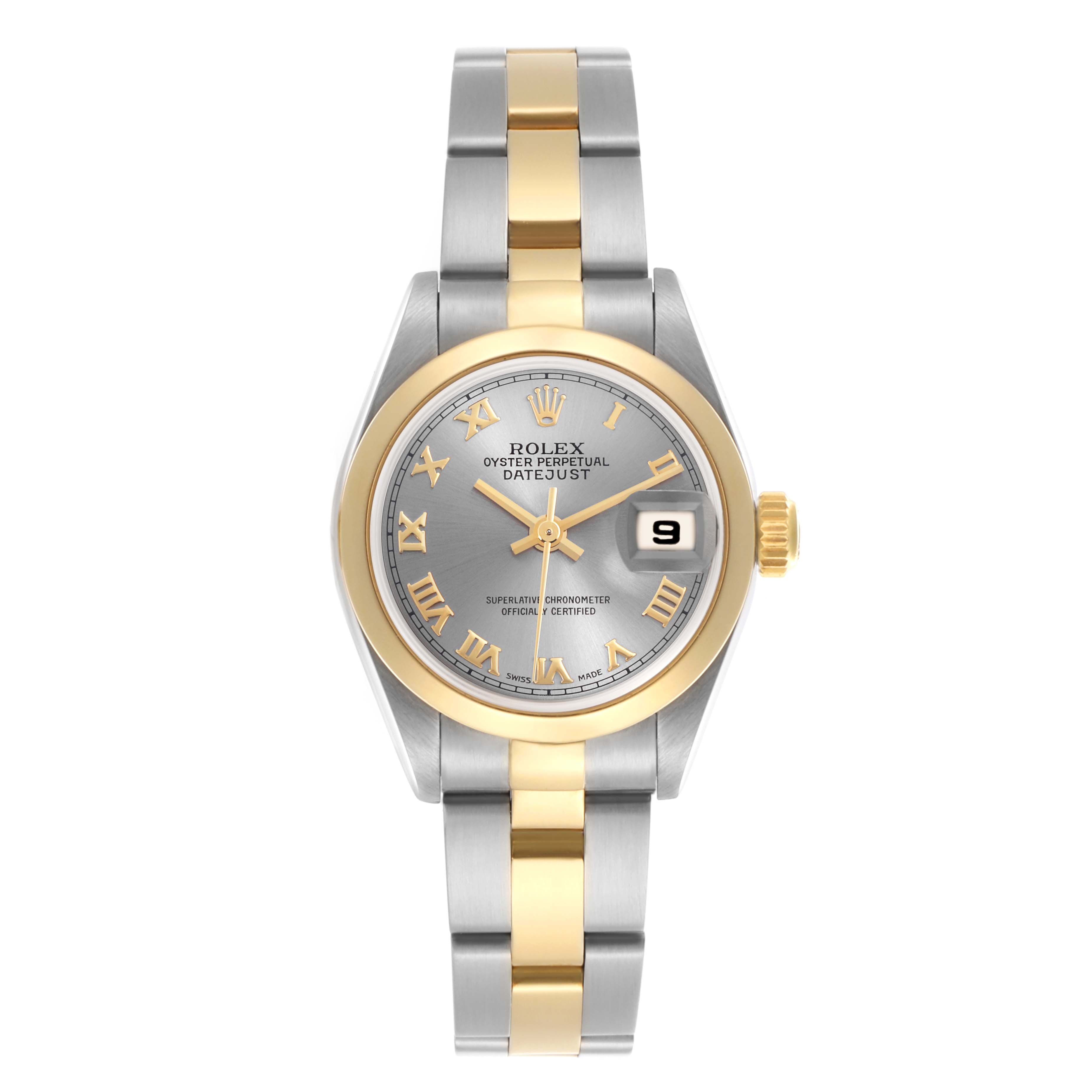 The Rolex Datejust 79163 Women's Steel and Gold (two tone) Grey Dial 79163 Women's Steel and Gold (two tone) Grey Dial watch is shown from a front view, displaying the face, bezel, and bracelet.
