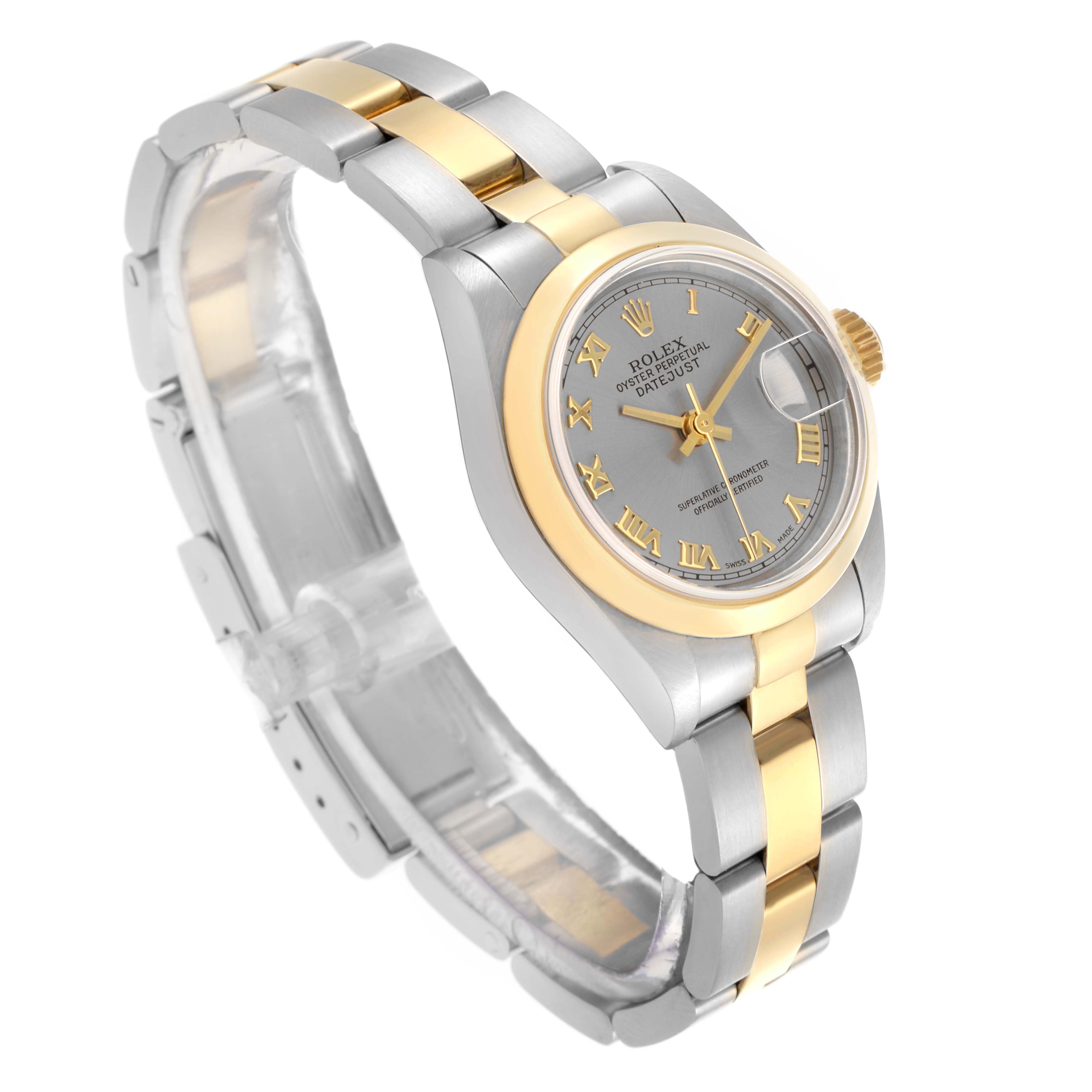 The Rolex Datejust 79163 Women's Steel and Gold (two tone) Grey Dial 79163 Women's Steel and Gold (two tone) Grey Dial watch is shown at an angled top view, displaying the dial, bezel, bracelet, and crown.