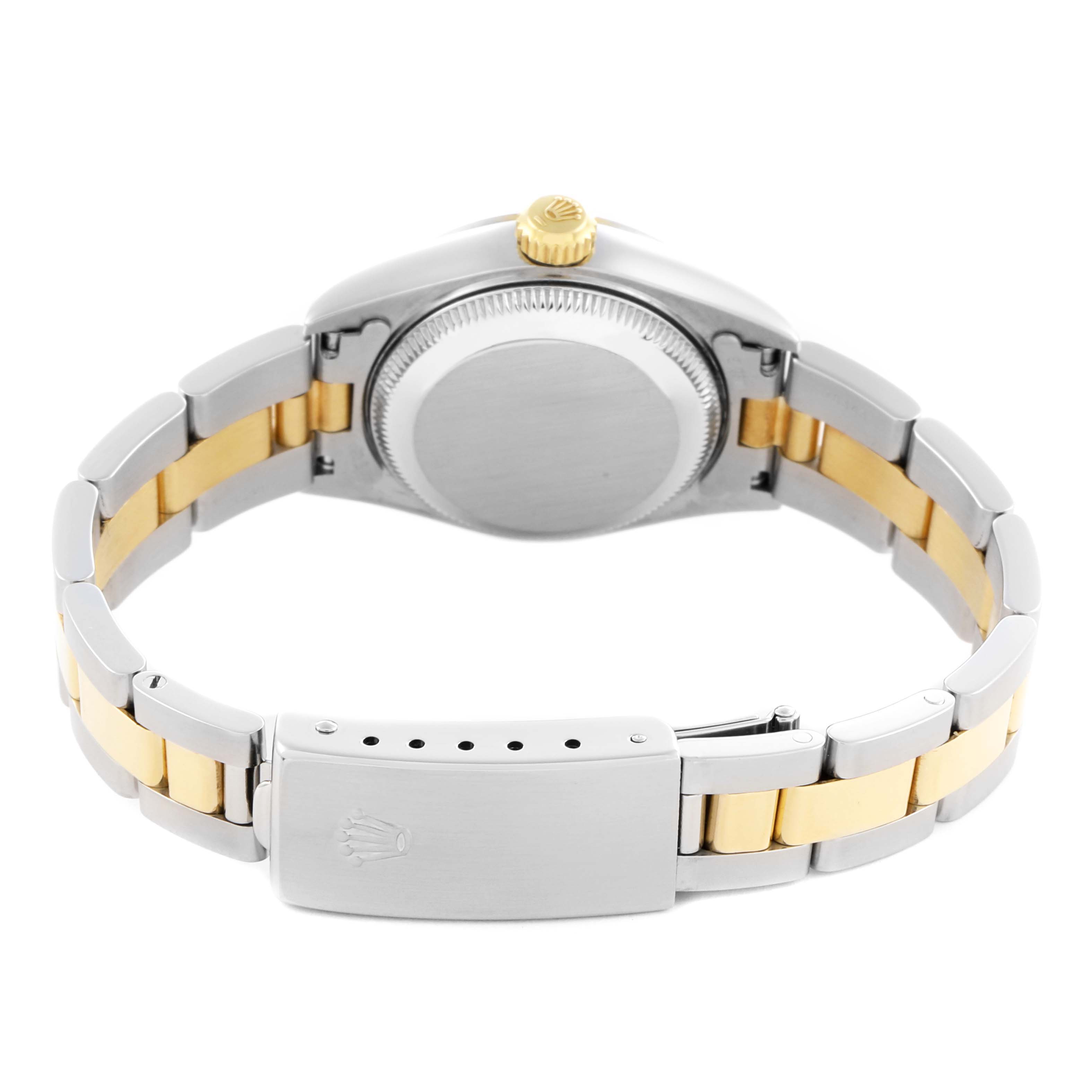 The image shows the back of the Rolex Datejust 79163 Women's Steel and Gold (two tone) Grey Dial 79163 Women's Steel and Gold (two tone) Grey Dial, highlighting the clasp, case back, and crown.