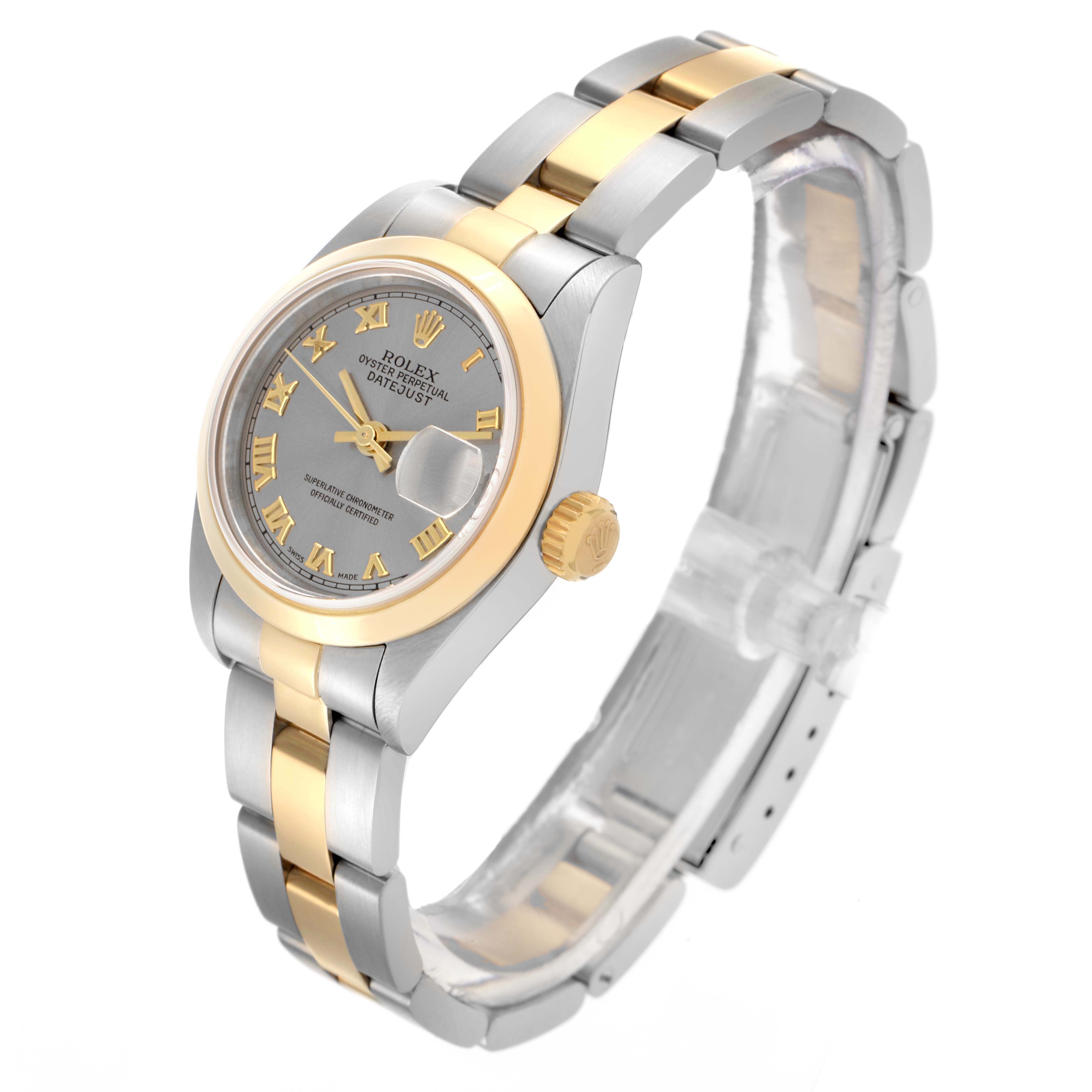 The Rolex Datejust 79163 Women's Steel and Gold (two tone) Grey Dial 79163 Women's Steel and Gold (two tone) Grey Dial watch is shown at an angled side view, highlighting the face, bezel, crown, and bracelet.