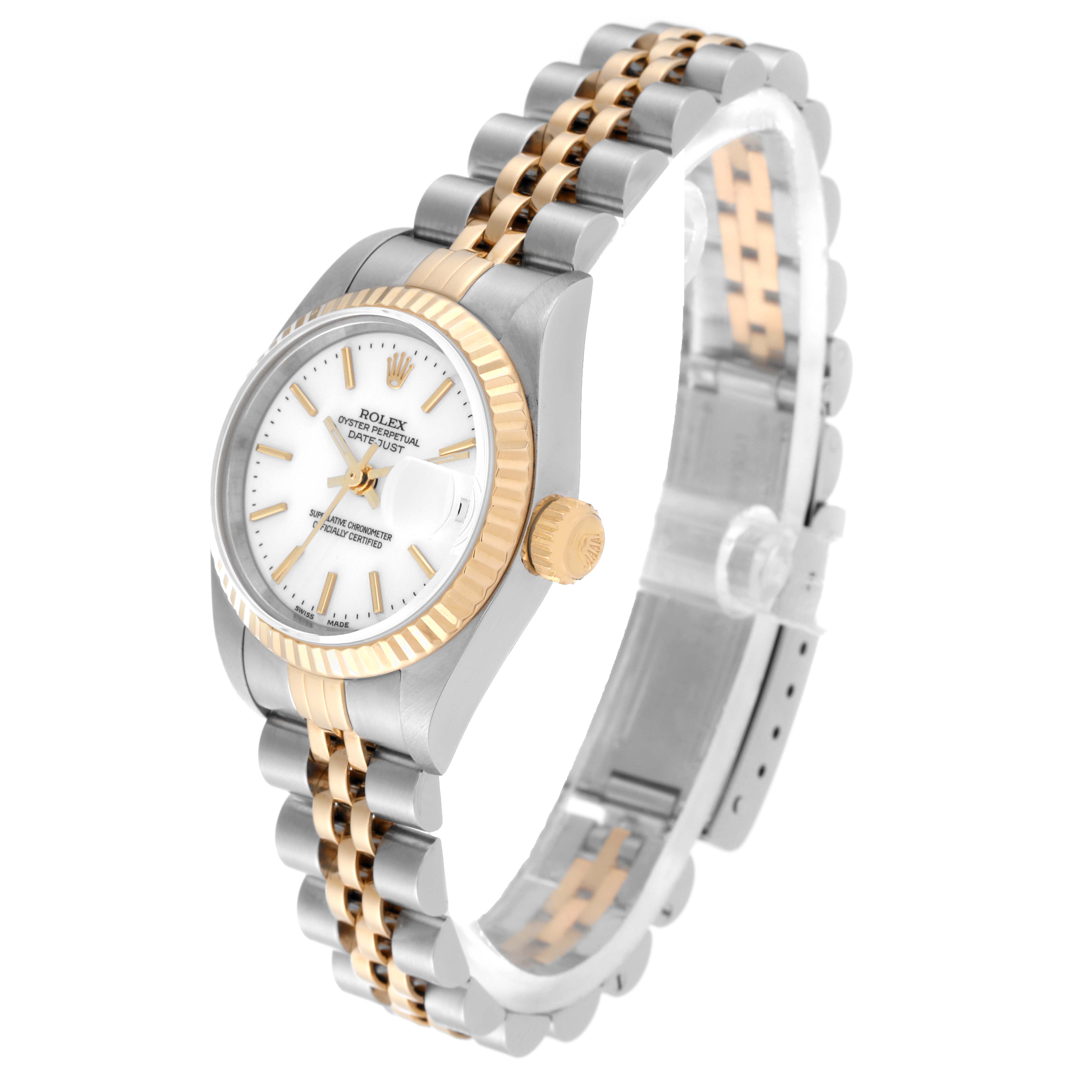 The image shows a Rolex Datejust 79173 Women's Steel and Gold (two tone) White Dial 79173 Women's Steel and Gold (two tone) White Dial watch at a three-quarter angle, highlighting the dial, bezel, crown, and bracelet.