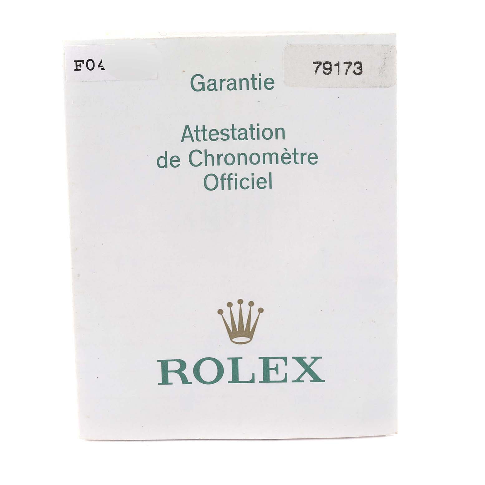 This image shows the official guarantee card for a Rolex Datejust 79173 Women's Steel and Gold (two tone) White Dial 79173 Women's Steel and Gold (two tone) White Dial model with the brand logo and text in French.