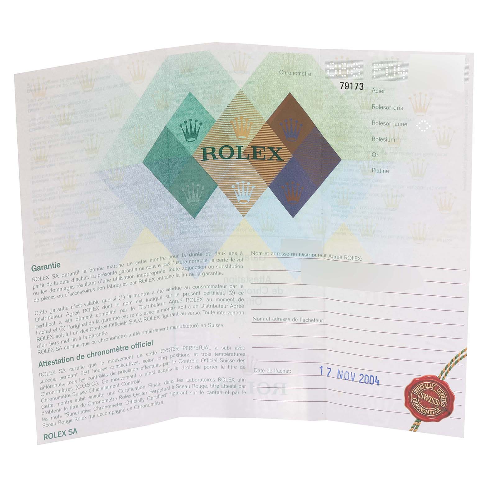 This image shows the authentication and warranty certificate for a Rolex Datejust 79173 Women's Steel and Gold (two tone) White Dial 79173 Women's Steel and Gold (two tone) White Dial watch.