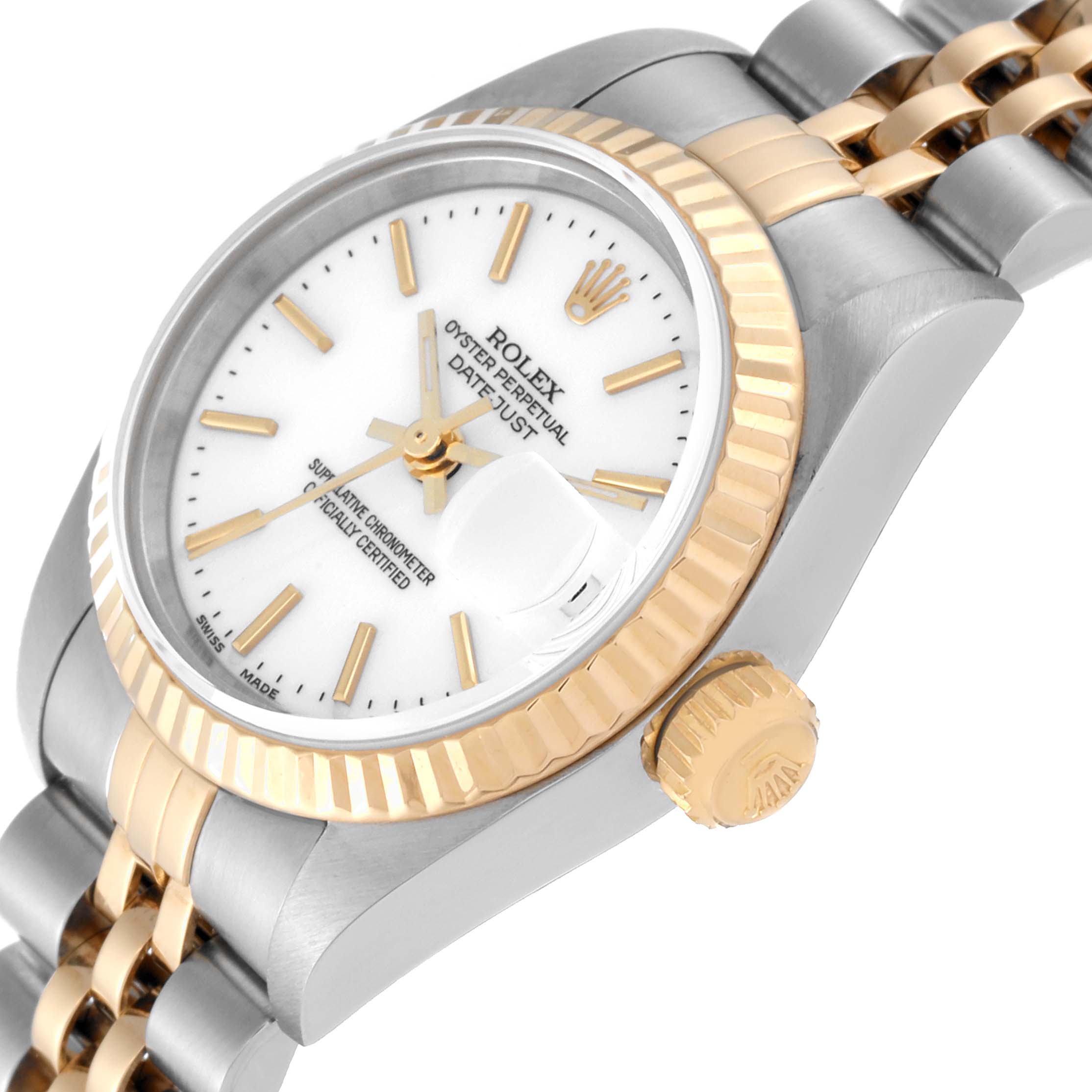 The Rolex Datejust 79173 Women's Steel and Gold (two tone) White Dial 79173 Women's Steel and Gold (two tone) White Dial watch is shown at an angled close-up, highlighting the face, bezel, and part of the bracelet.