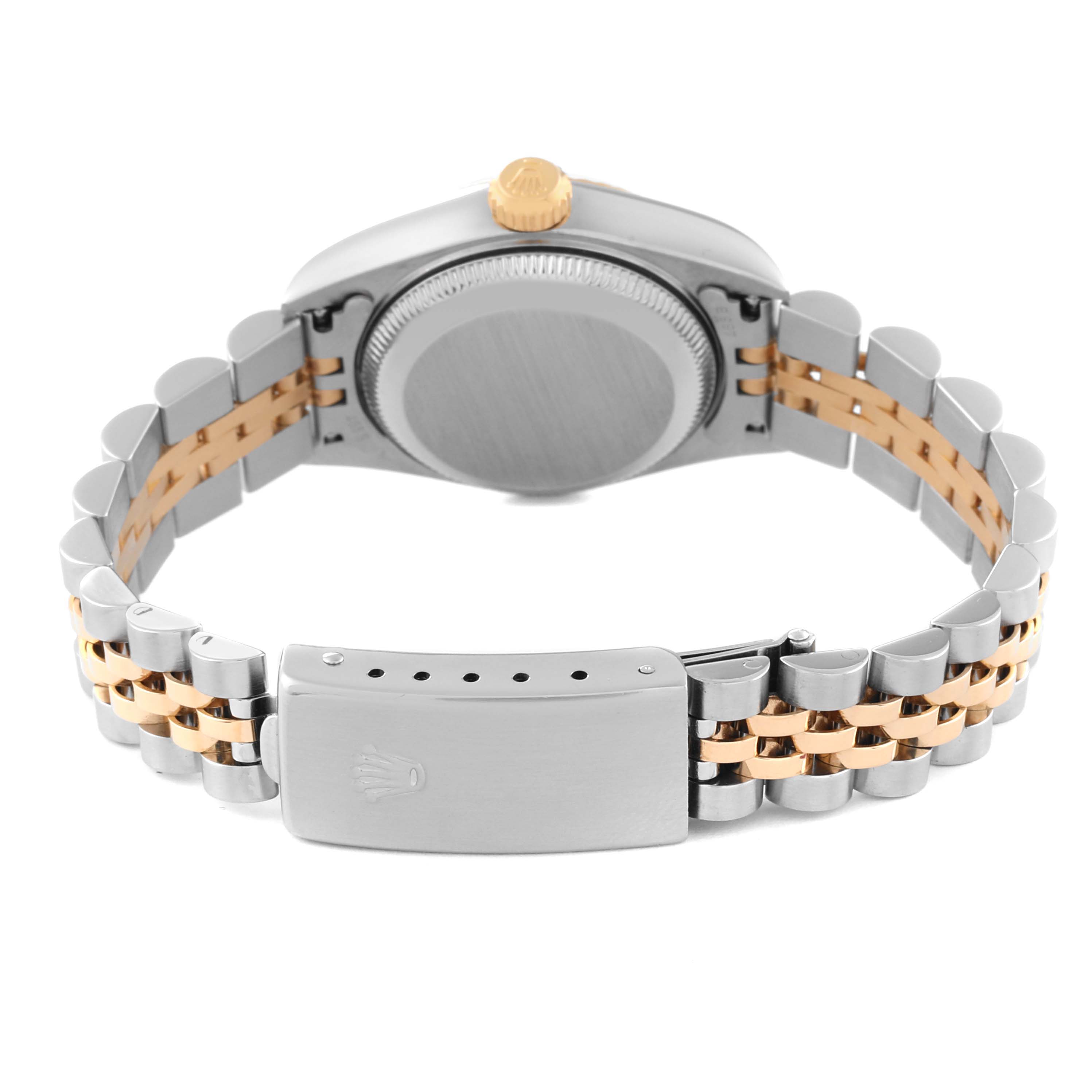 The image shows the back and clasp of a Rolex Datejust 79173 Women's Steel and Gold (two tone) White Dial 79173 Women's Steel and Gold (two tone) White Dial, highlighting the two-tone bracelet and case back.