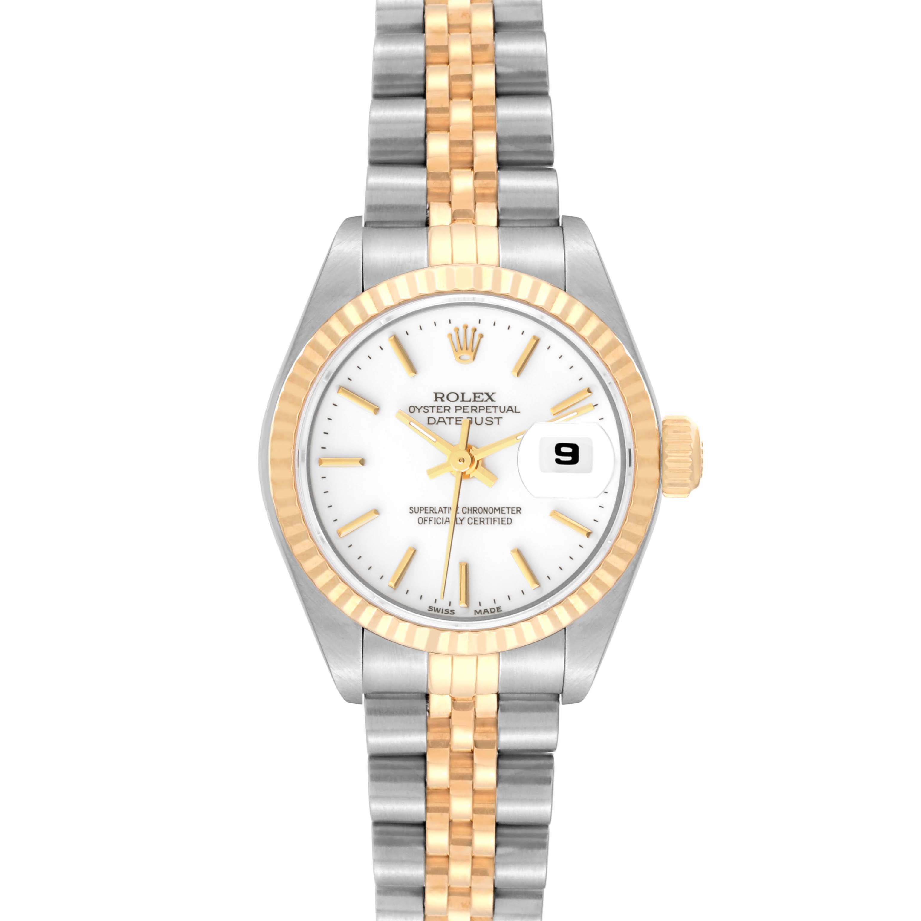 The Rolex Datejust 79173 Women's Steel and Gold (two tone) White Dial 79173 Women's Steel and Gold (two tone) White Dial watch is shown from a front angle, displaying the dial, bezel, bracelet, and crown.