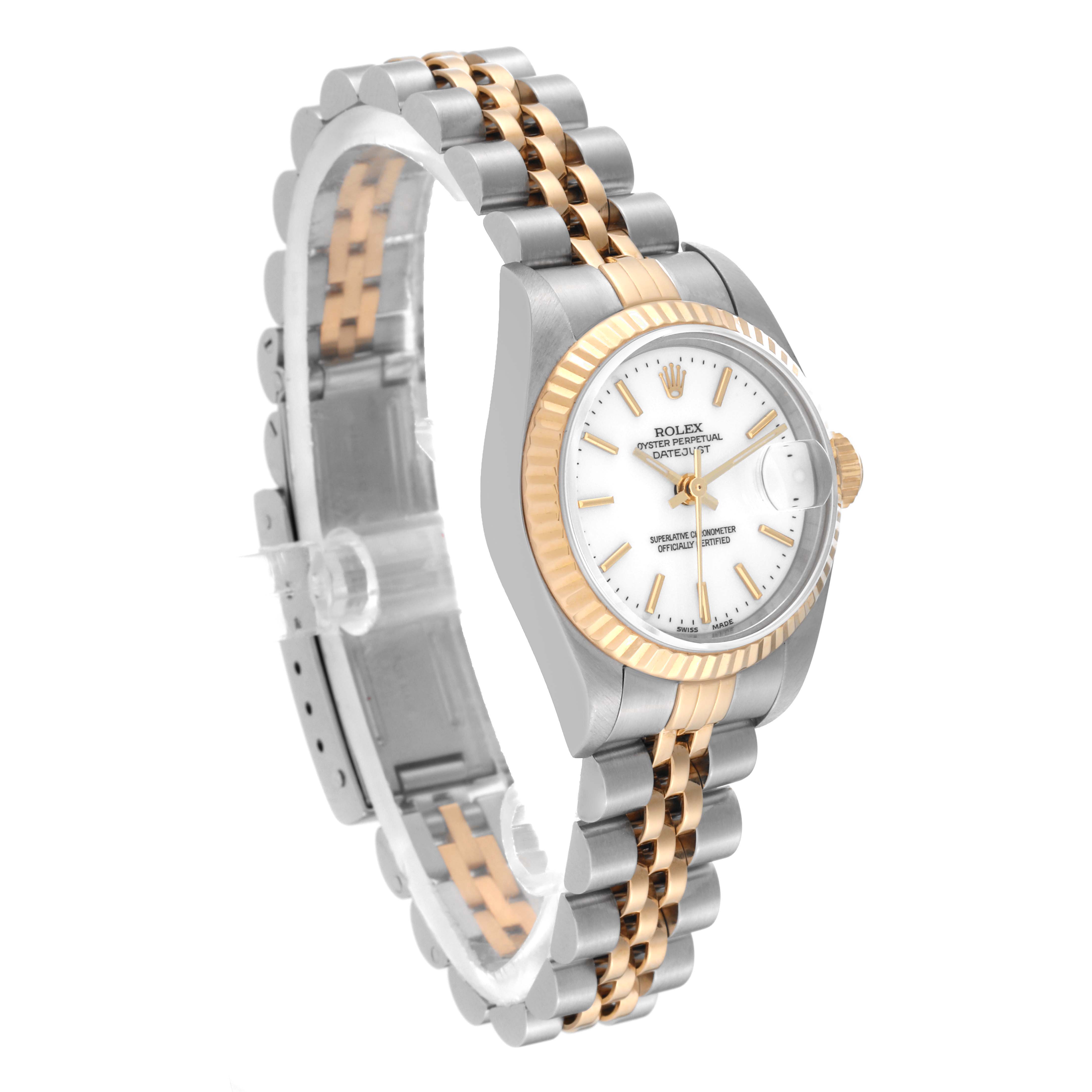 The image shows a side angle of a Rolex Datejust 79173 Women's Steel and Gold (two tone) White Dial 79173 Women's Steel and Gold (two tone) White Dial watch displaying its two-tone bracelet, white dial, and fluted bezel.