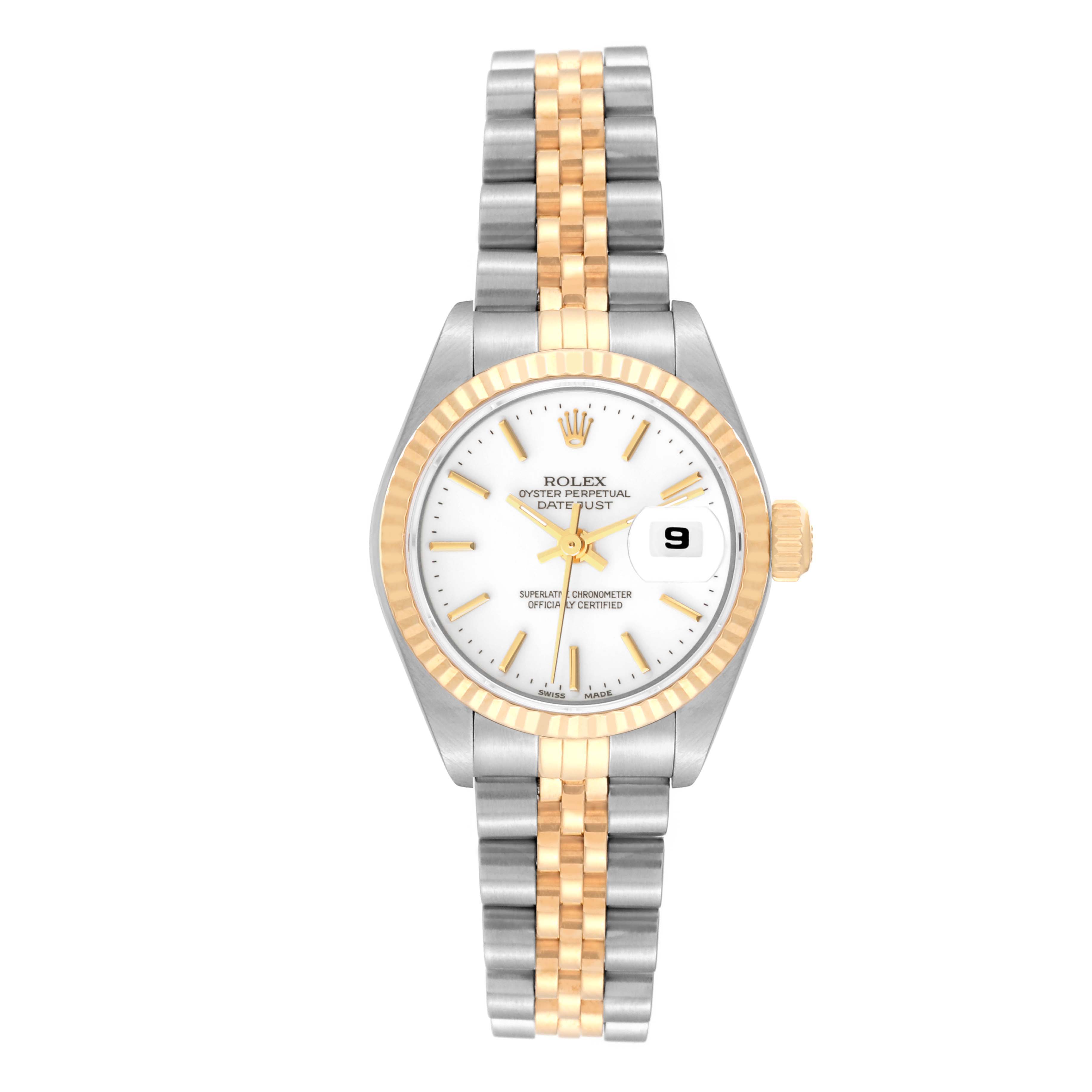 This image displays a Rolex Datejust 79173 Women's Steel and Gold (two tone) White Dial 79173 Women's Steel and Gold (two tone) White Dial watch from a top-down angle, showcasing its face, bezel, and two-tone bracelet.