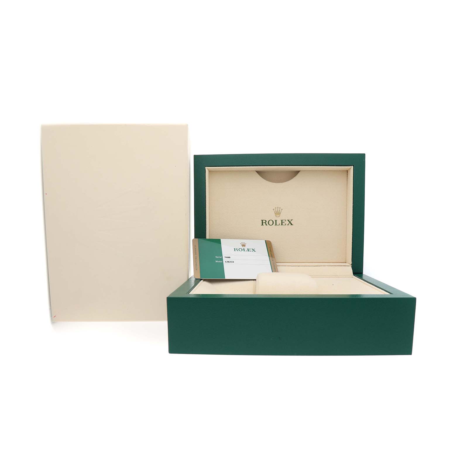 The image shows an open Rolex Datejust 126233 Men's Steel and Gold (two tone) White Dial box with a card holder and cushion inside.