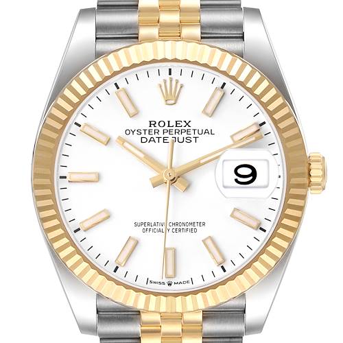 The image shows a front view of the Rolex Datejust 126233 Men's Steel and Gold (two tone) White Dial watch featuring a gold fluted bezel and white dial.