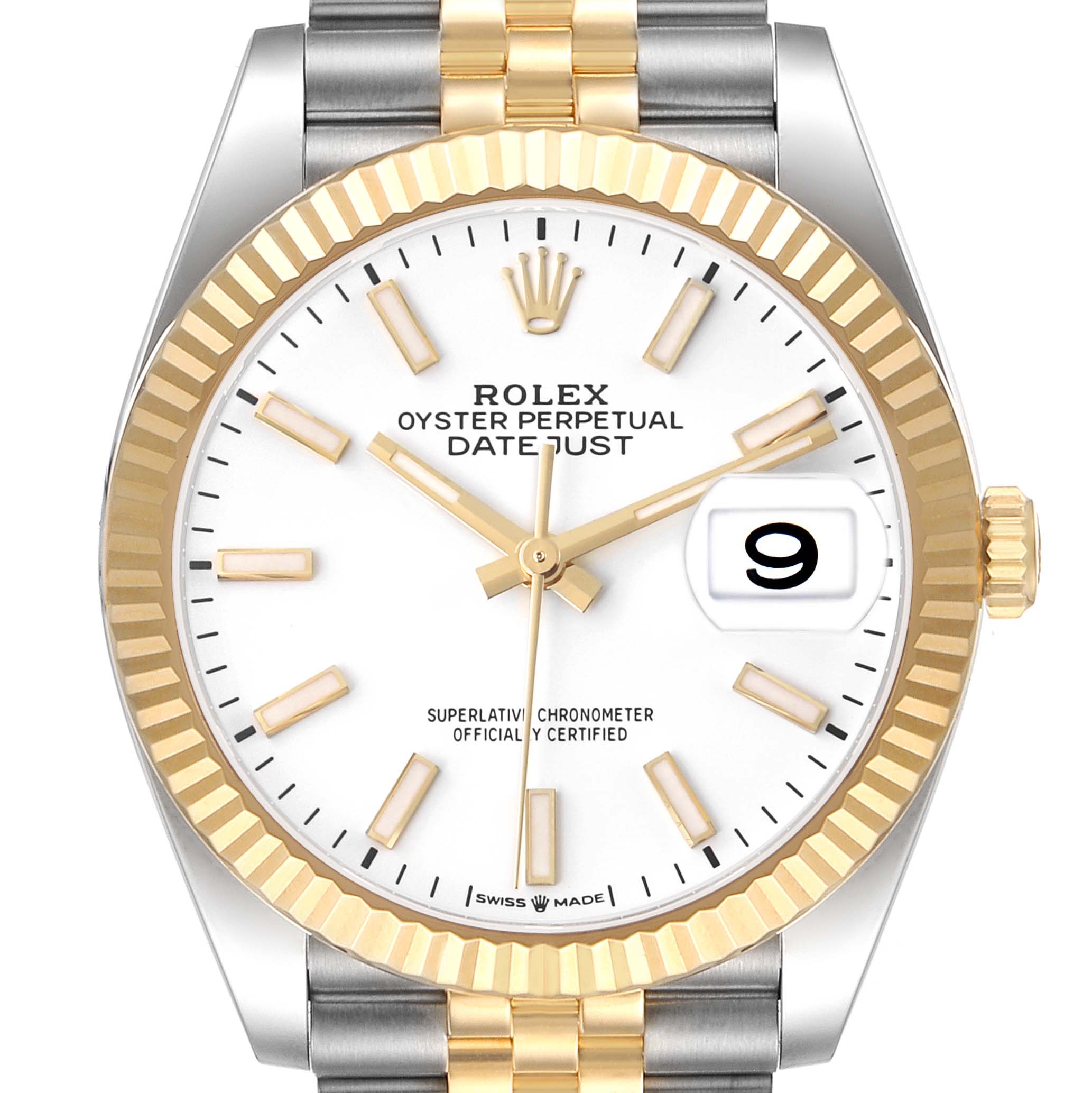 The Rolex Datejust 126233 Men's Steel and Gold (two tone) White Dial watch is shown from the front, highlighting the dial, bezel, fluted case, and bracelet.