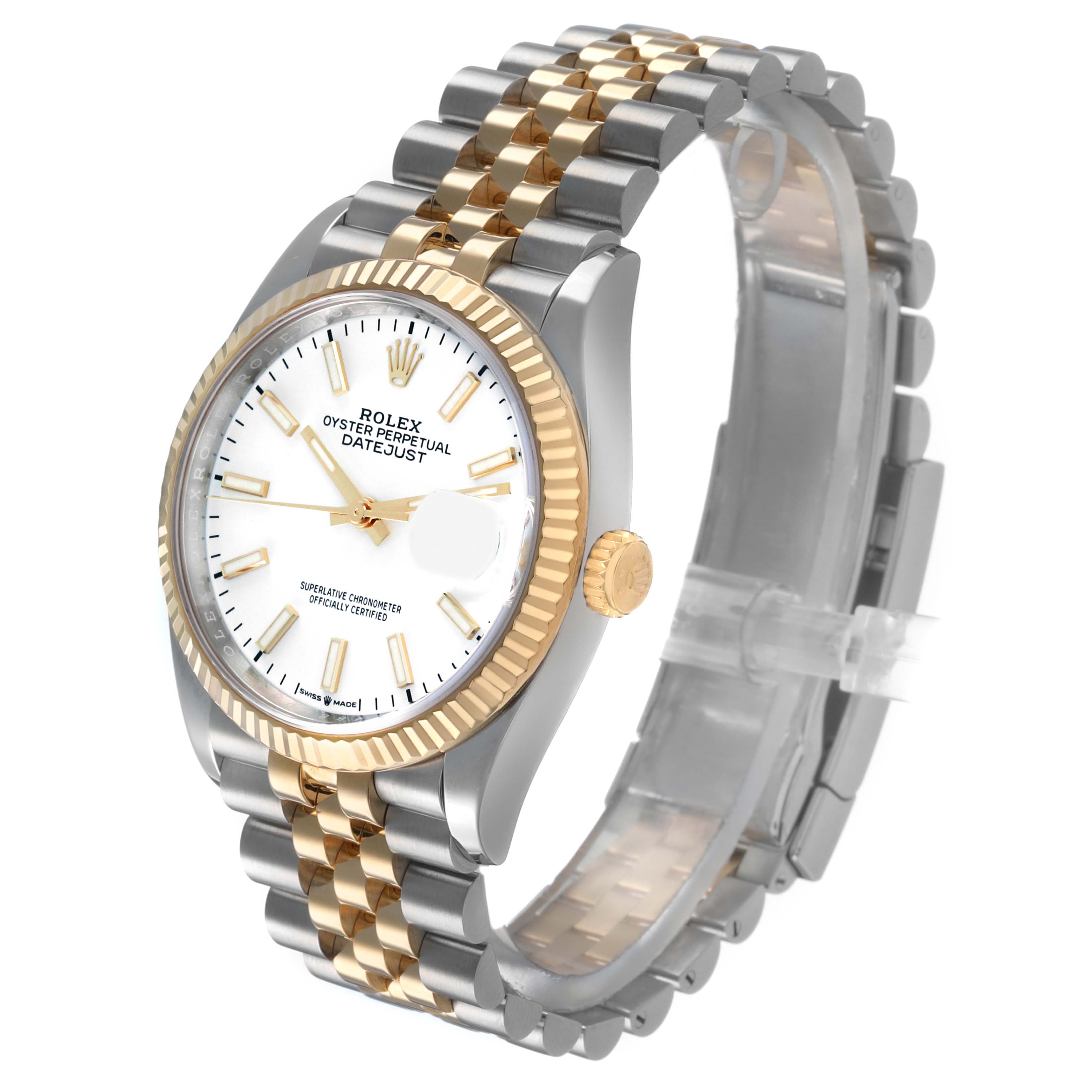 The Rolex Datejust 126233 Men's Steel and Gold (two tone) White Dial watch is shown from an angled side view, highlighting the face, bezel, crown, and bracelet.