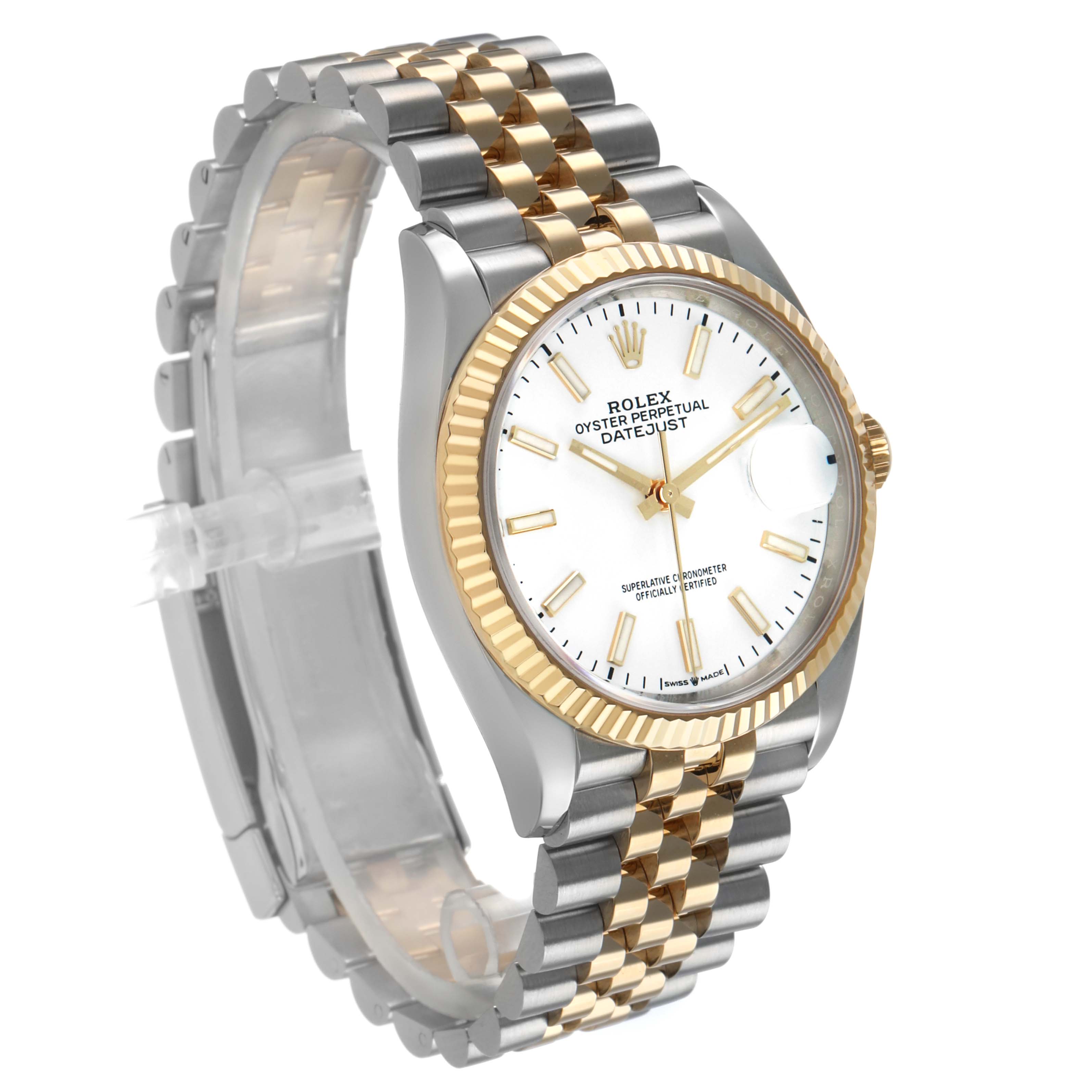 The Rolex Datejust 126233 Men's Steel and Gold (two tone) White Dial watch is shown from a three-quarter angle, highlighting the face, bezel, and Jubilee bracelet.