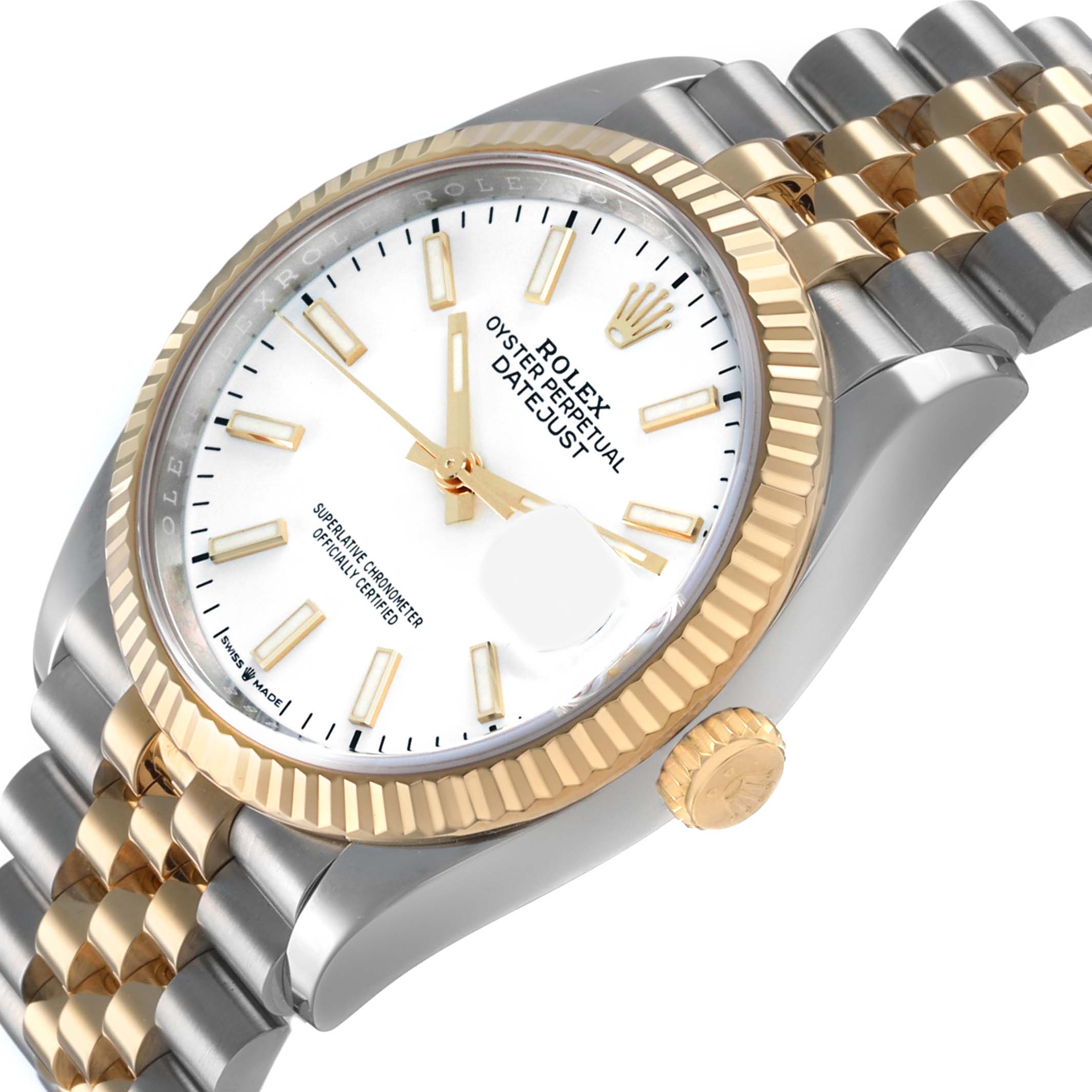 The Rolex Datejust 126233 Men's Steel and Gold (two tone) White Dial watch is shown at an angled side view, highlighting the dial, fluted bezel, crown, and two-tone jubilee bracelet.