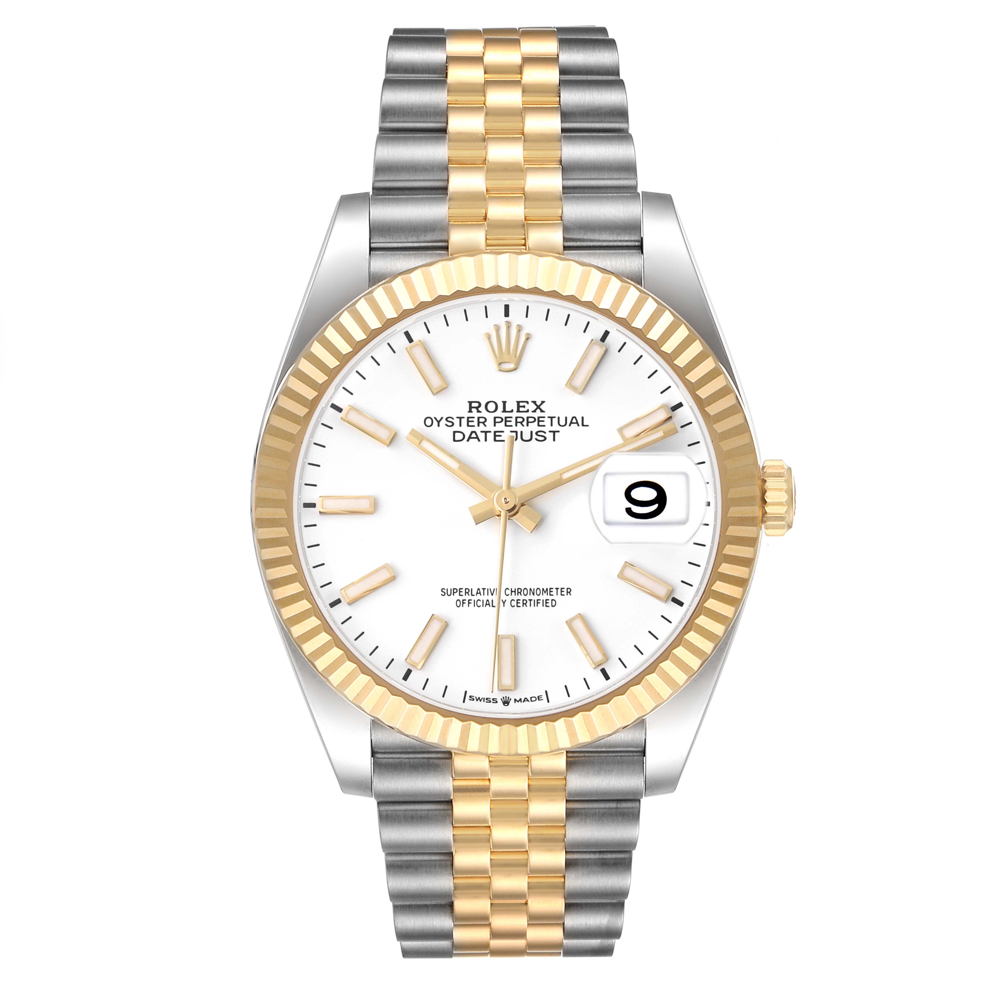 The Rolex Datejust 126233 Men's Steel and Gold (two tone) White Dial watch is shown from the front, displaying the dial, hands, date, bezel, and bracelet.