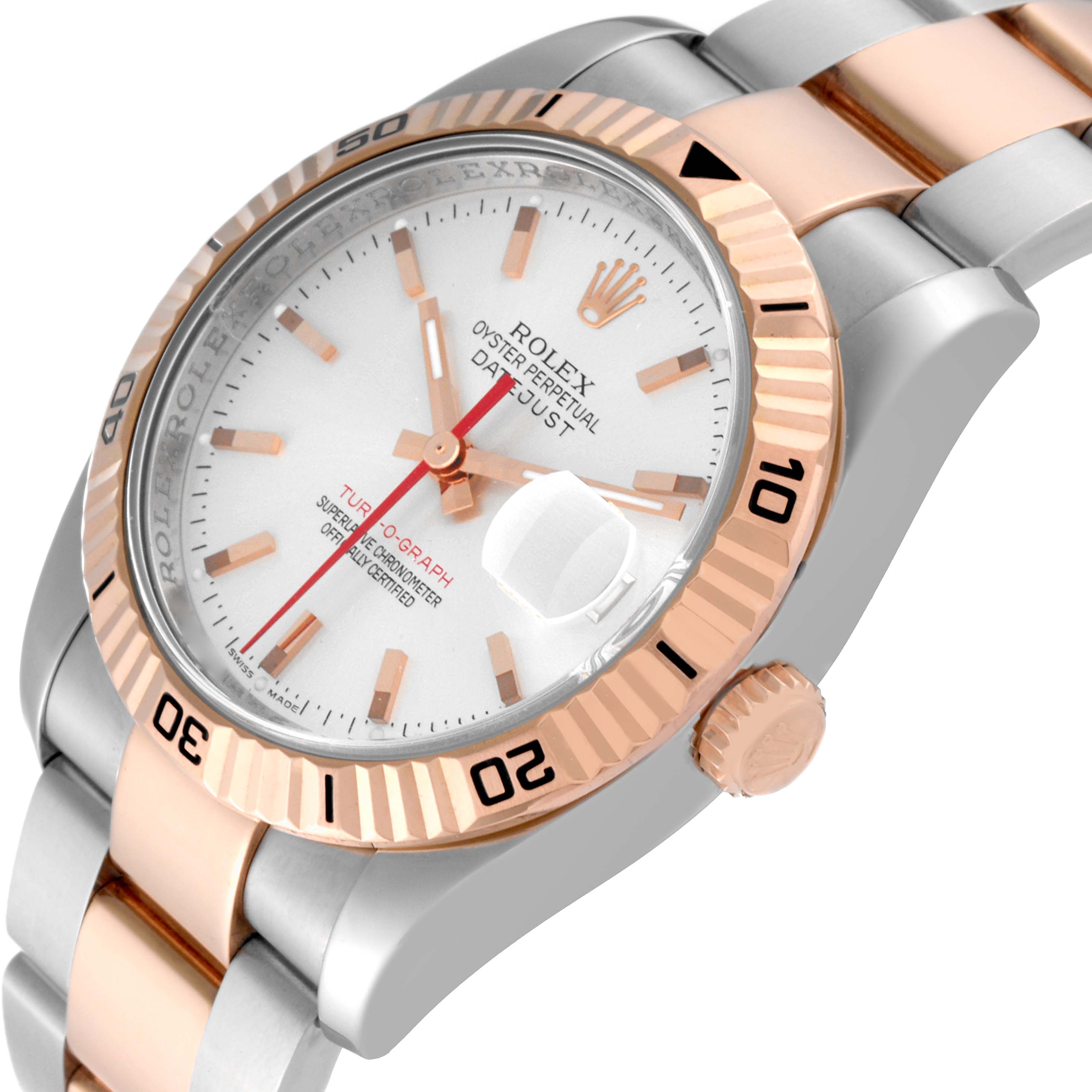 The image shows a Rolex Turn-o-Graph 116261 Men
s Steel and Gold (two tone) Silver Dial 116261 Men
s Steel and Gold (two tone) Silver Dial watch at an angle highlighting the dial, bezel, crown, and part of the bracelet.