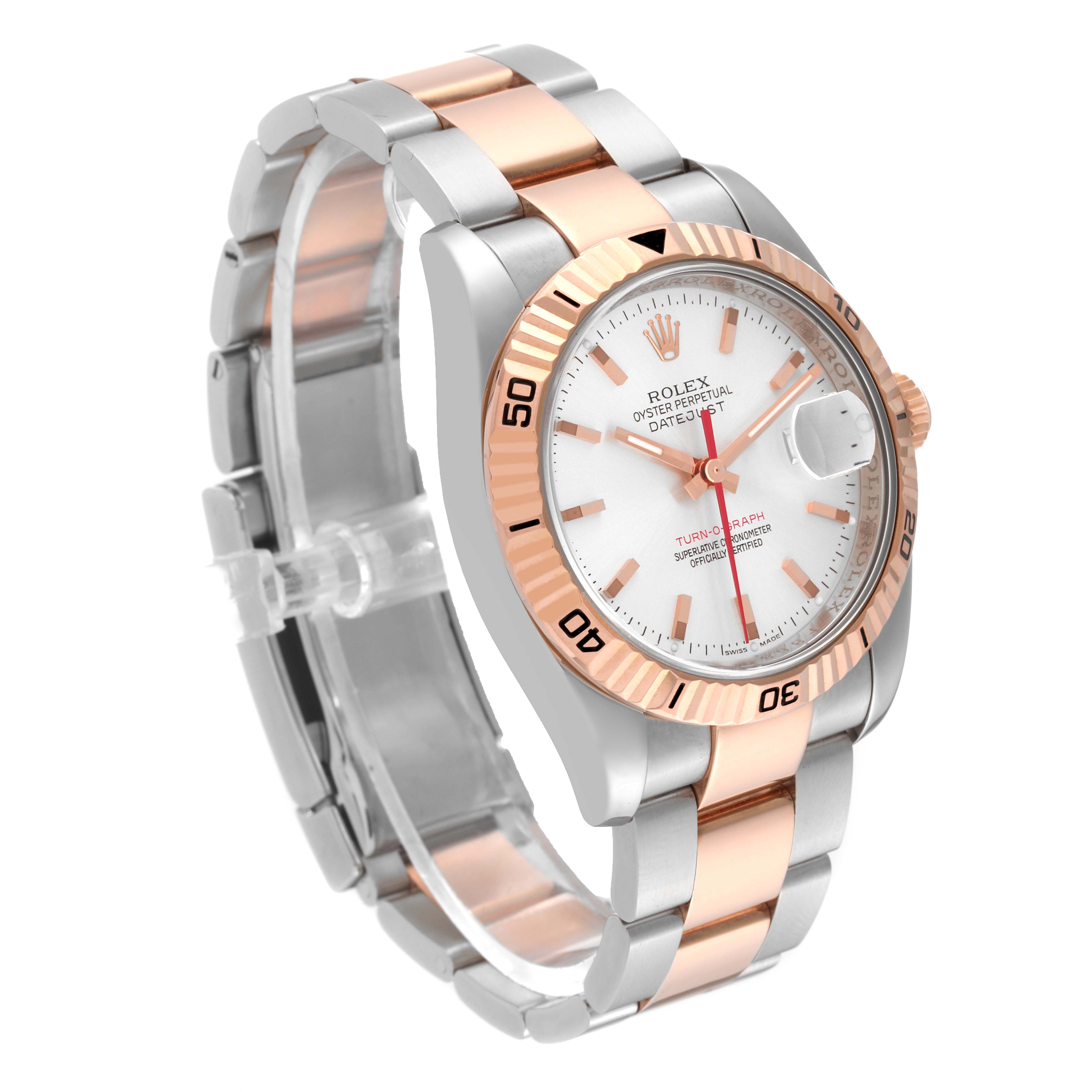 The image shows a Rolex Turn-o-Graph 116261 Men
s Steel and Gold (two tone) Silver Dial 116261 Men
s Steel and Gold (two tone) Silver Dial watch at a slight angle, displaying its face, bezel, and bracelet.