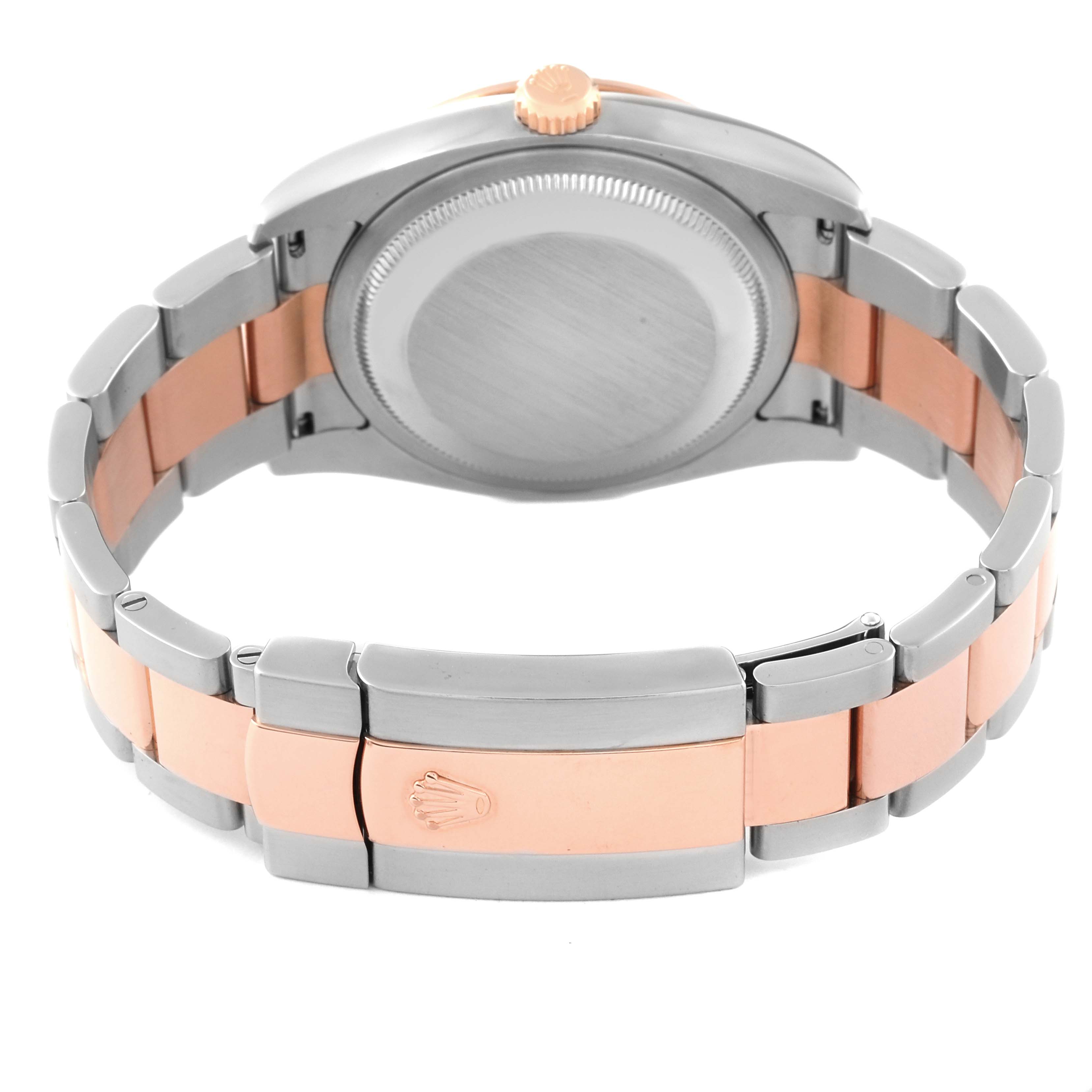 The image shows the rear view of a Rolex Turn-o-Graph 116261 Men
s Steel and Gold (two tone) Silver Dial 116261 Men
s Steel and Gold (two tone) Silver Dial watch, focusing on the back case and the two-tone metal bracelet and clasp.