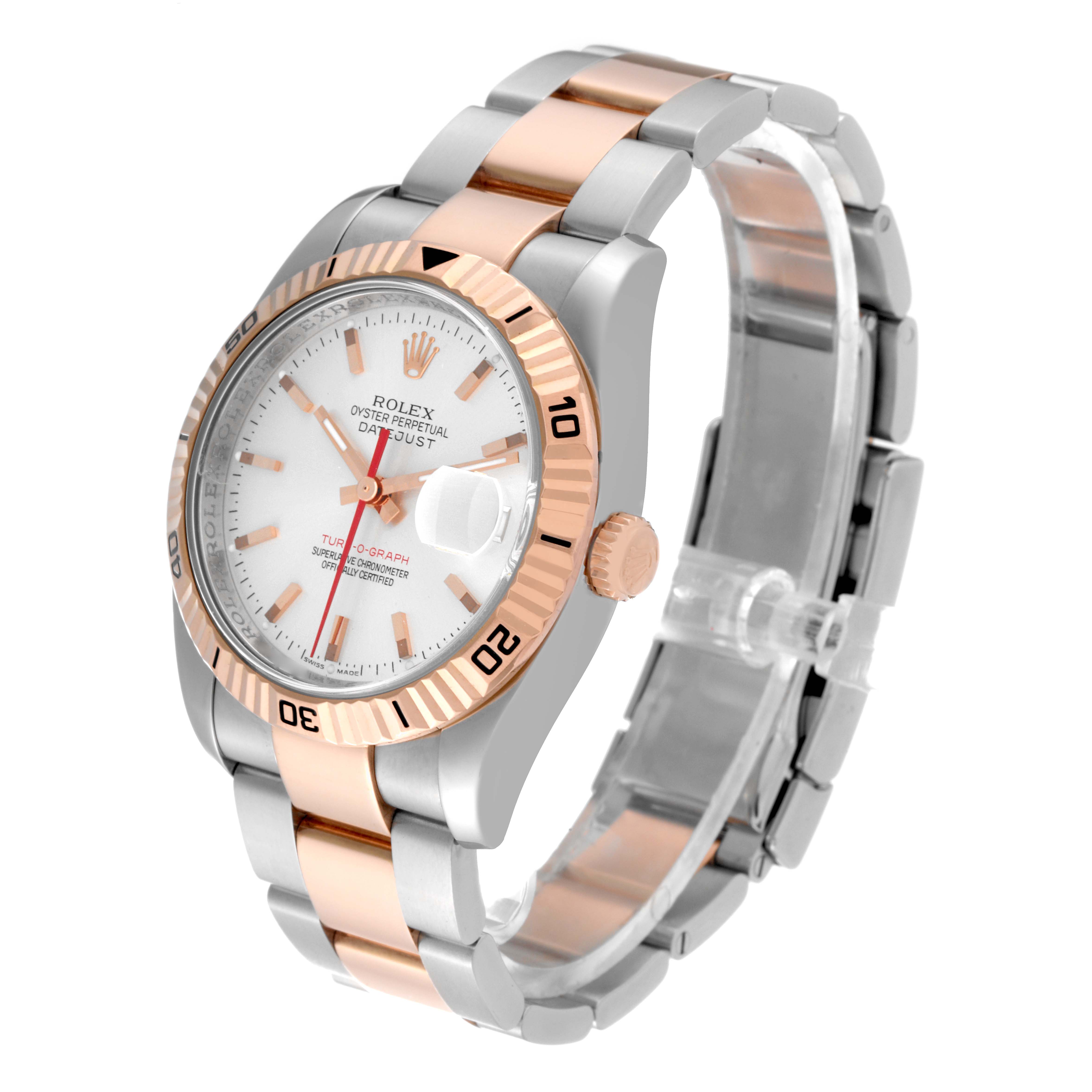 The image shows a Rolex Turn-o-Graph 116261 Men
s Steel and Gold (two tone) Silver Dial 116261 Men
s Steel and Gold (two tone) Silver Dial watch, displayed at an angle highlighting the face, bezel, crown, and two-tone metal bracelet.