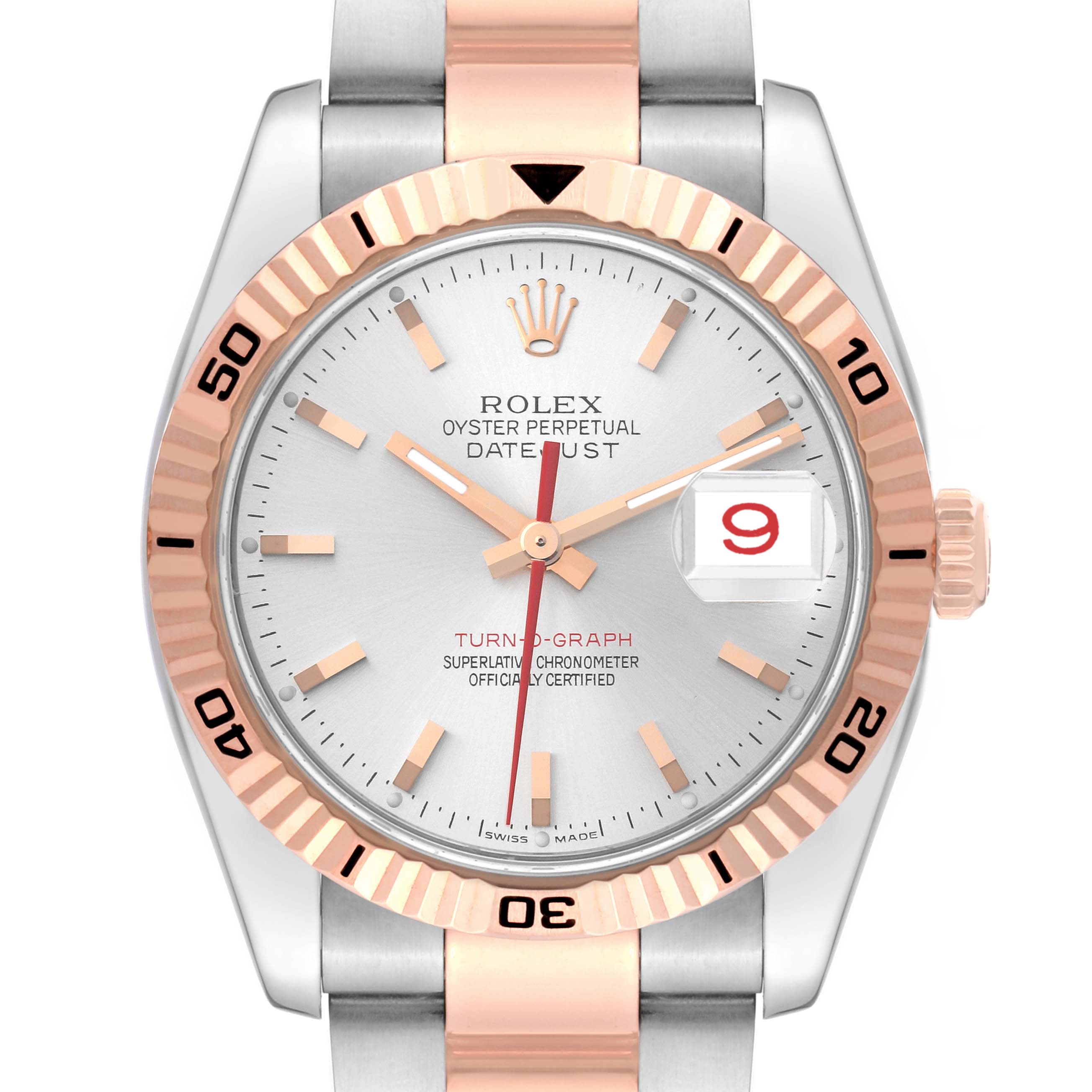 This image shows a close-up, frontal view of a Rolex Turn-o-Graph 116261 Men
s Steel and Gold (two tone) Silver Dial 116261 Men
s Steel and Gold (two tone) Silver Dial watch, highlighting its dial, bezel, and bracelet.