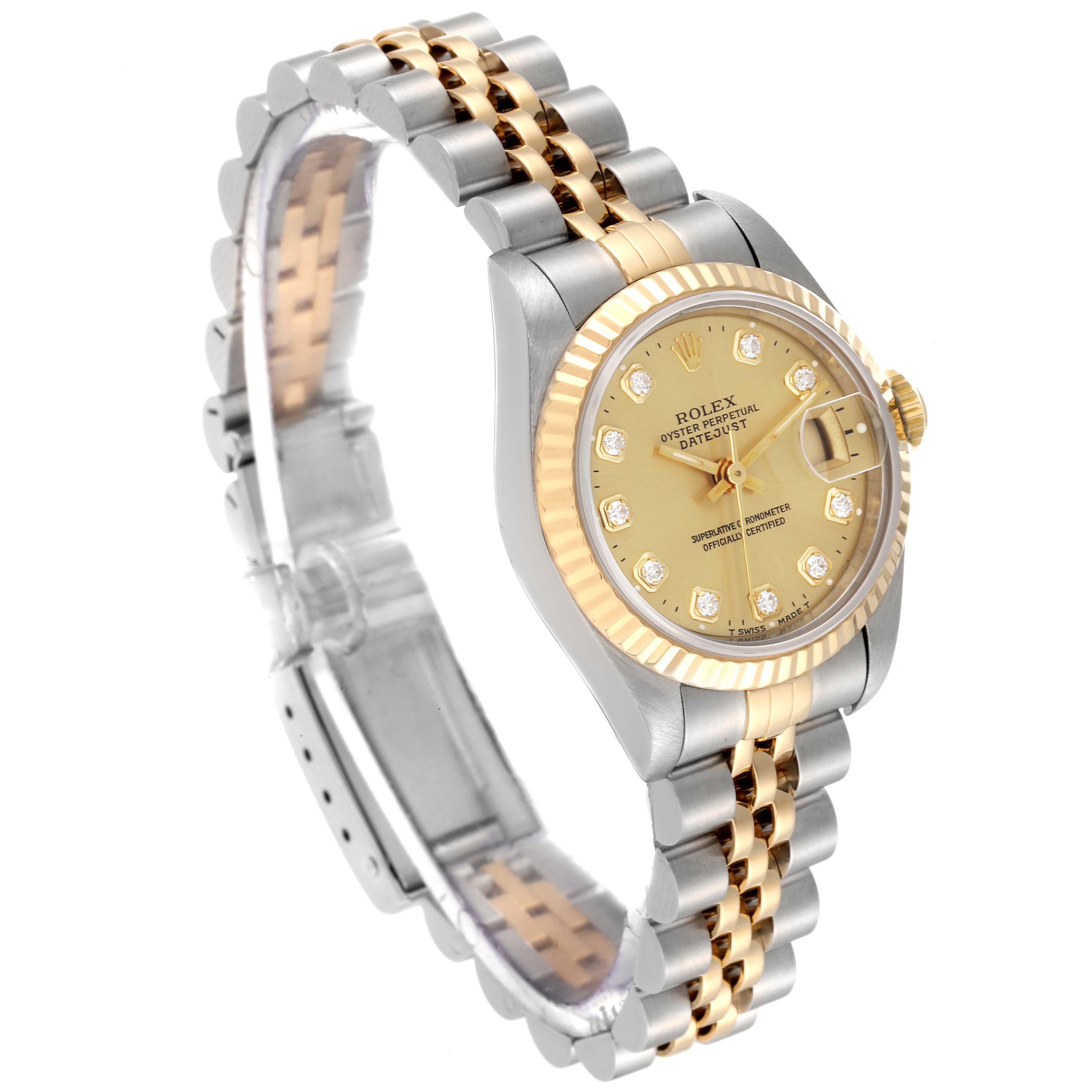 This image shows a Rolex Datejust 69173 Women's Steel and Gold (two tone) Champagne Dial 69173 Women's Steel and Gold (two tone) Champagne Dial watch at a slight angle, highlighting its gold and silver bracelet, dial, and signature date window.