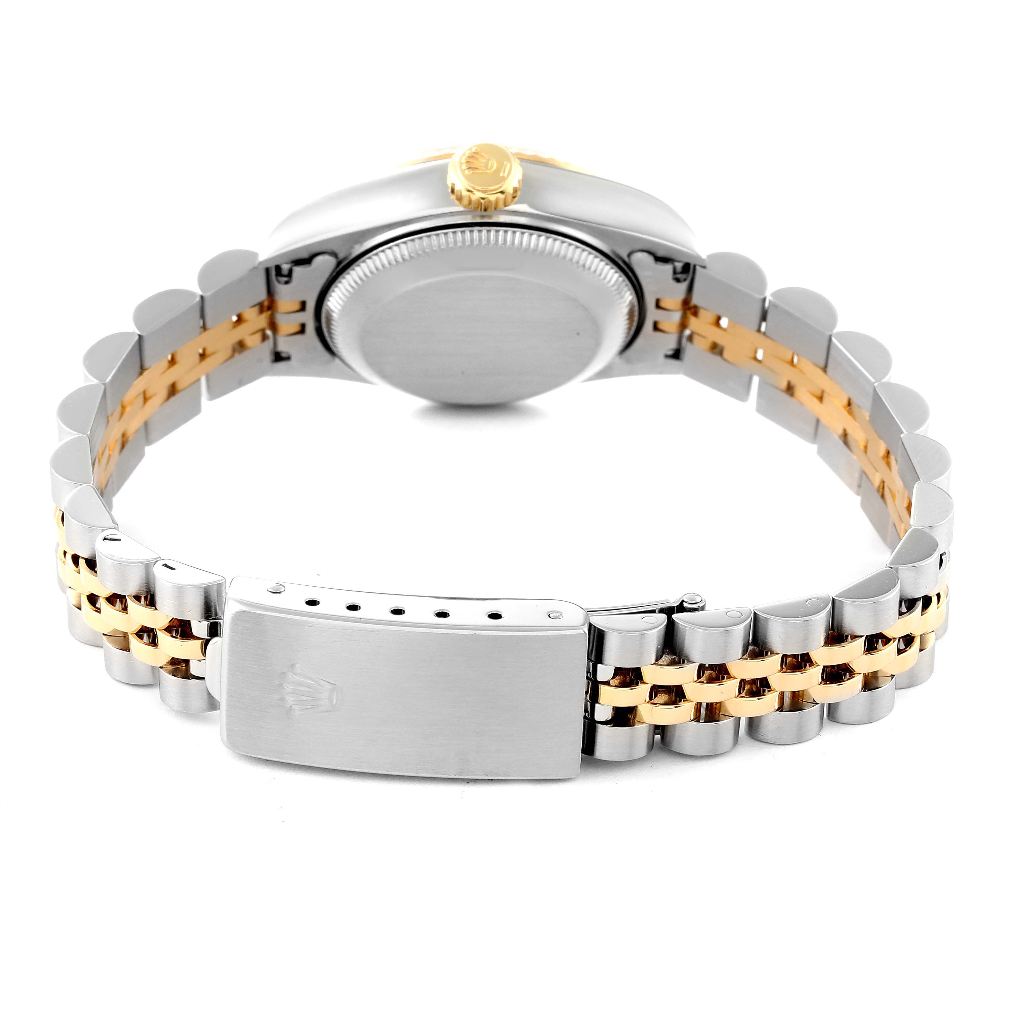 The image shows the back view of a Rolex Datejust 69173 Women's Steel and Gold (two tone) Champagne Dial 69173 Women's Steel and Gold (two tone) Champagne Dial watch, highlighting its case, Jubilee bracelet, and clasp.