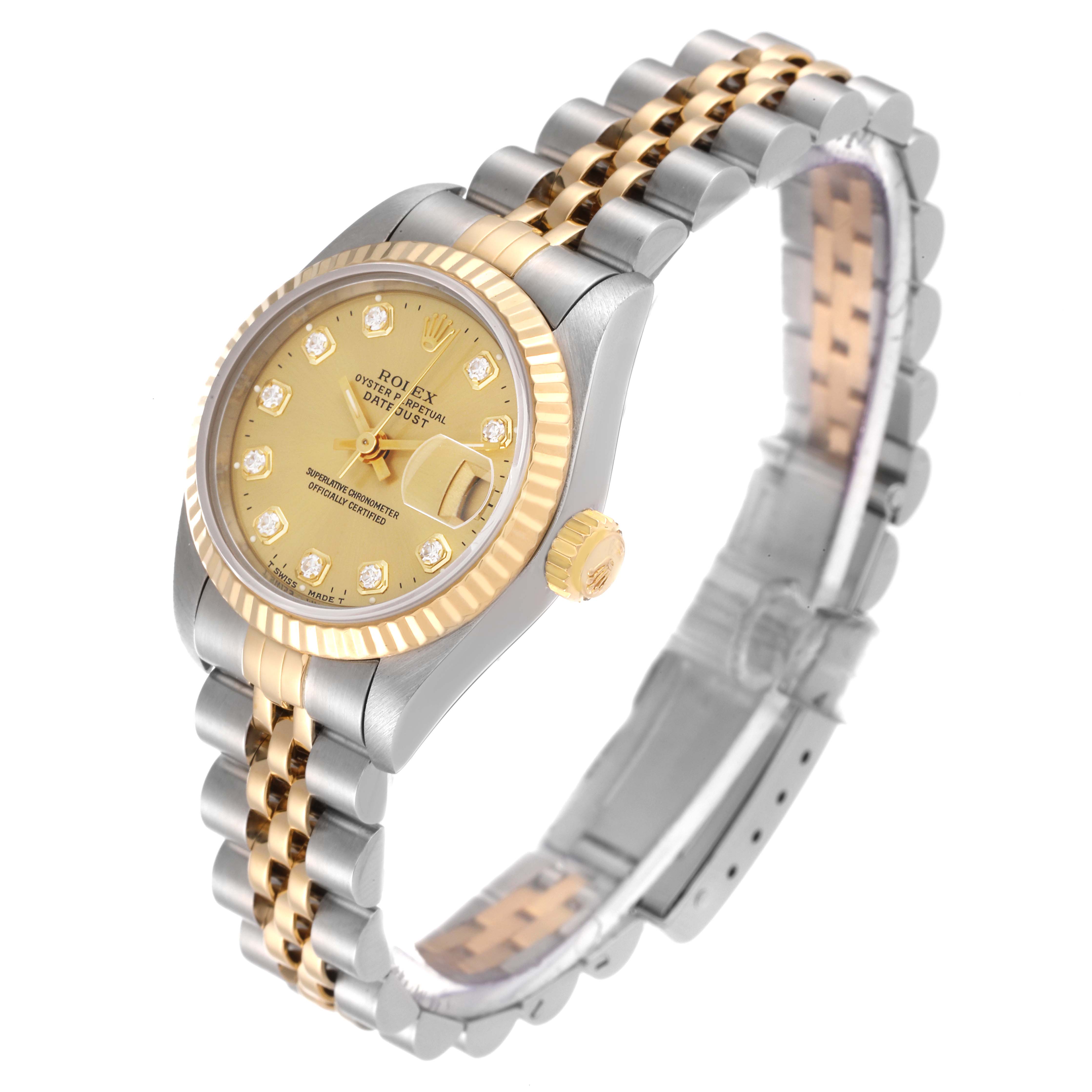 The Rolex Datejust 69173 Women's Steel and Gold (two tone) Champagne Dial 69173 Women's Steel and Gold (two tone) Champagne Dial watch is shown at an angle highlighting its gold dial, fluted bezel, crown, and two-tone jubilee bracelet.