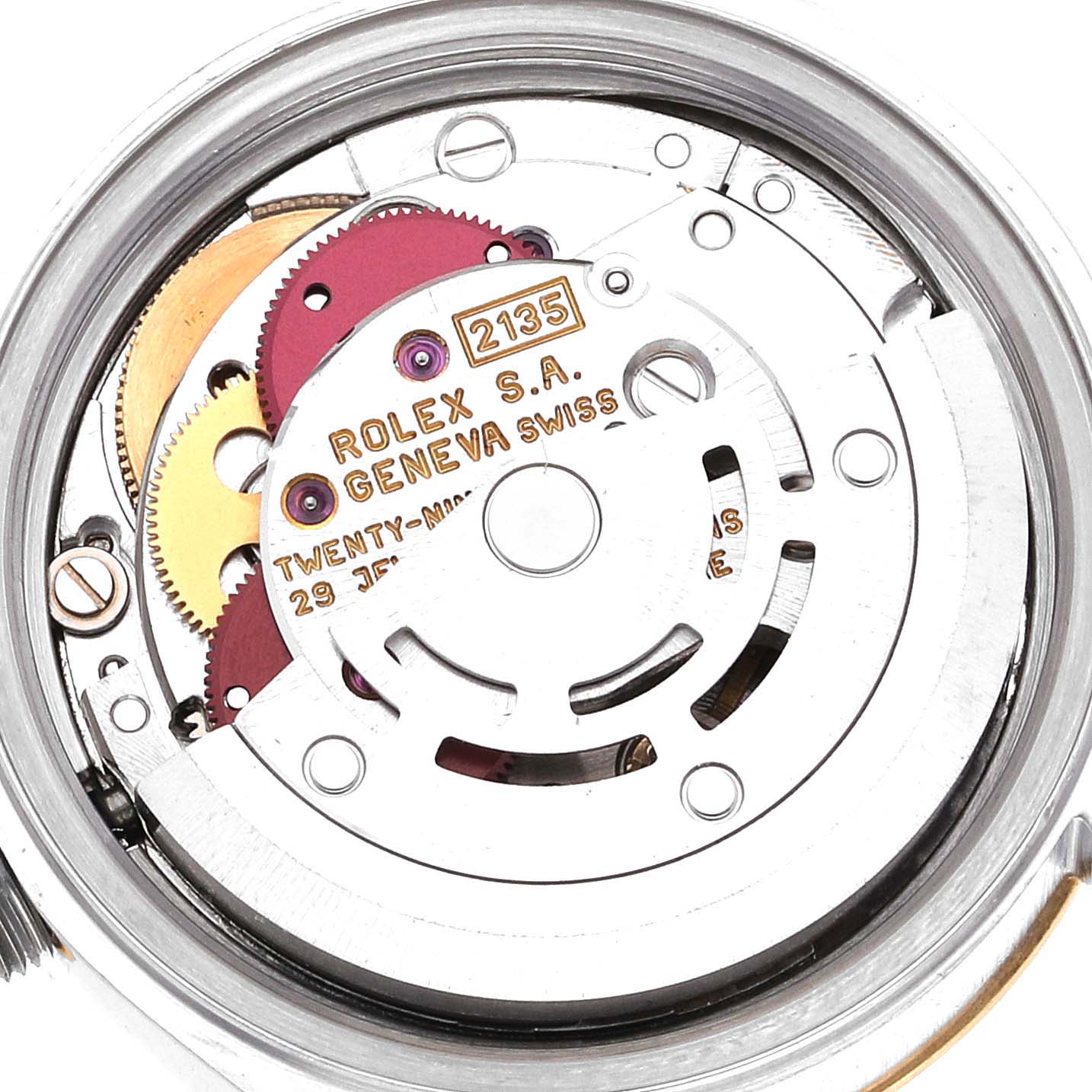 The image shows the internal movement parts of a Rolex Datejust 69173 Women's Steel and Gold (two tone) Champagne Dial 69173 Women's Steel and Gold (two tone) Champagne Dial watch viewed from the back.