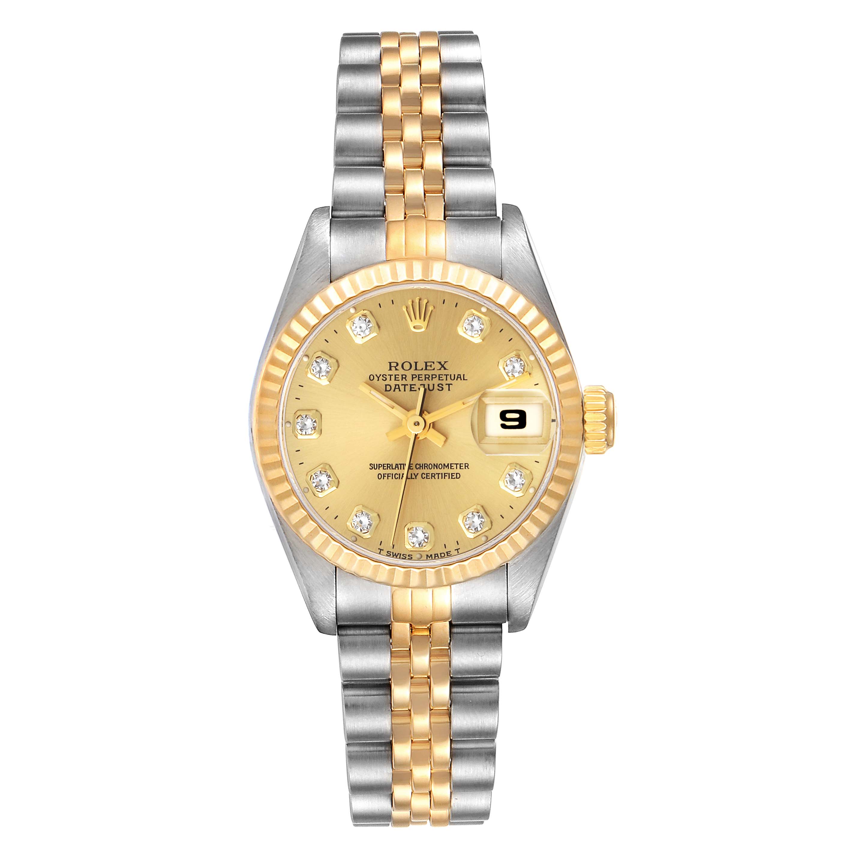 This image shows a Rolex Datejust 69173 Women's Steel and Gold (two tone) Champagne Dial 69173 Women's Steel and Gold (two tone) Champagne Dial watch from the front, highlighting the dial, bezel, and the two-tone bracelet.