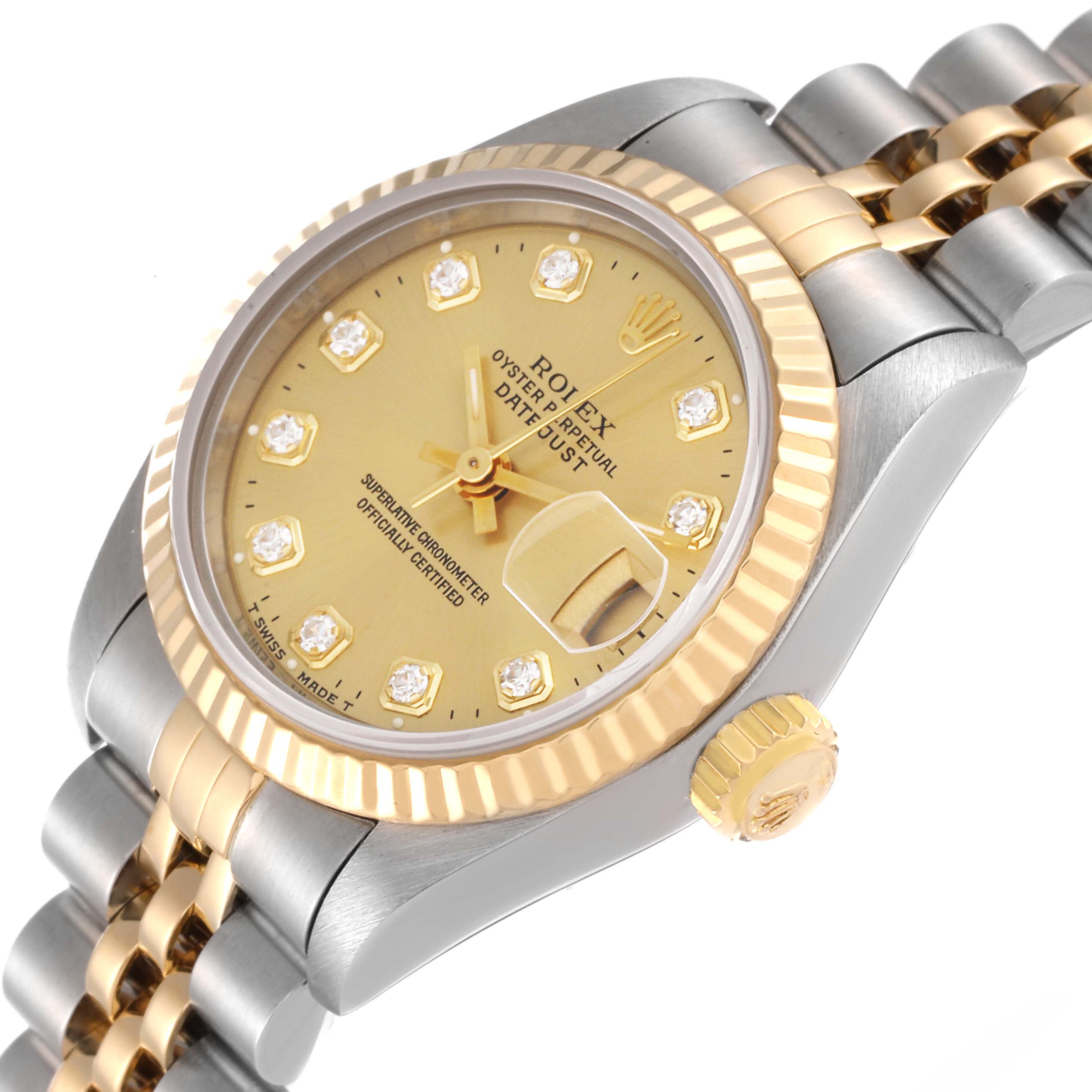 This image shows a close-up of the Rolex Datejust 69173 Women's Steel and Gold (two tone) Champagne Dial 69173 Women's Steel and Gold (two tone) Champagne Dial watch face, bezel, crown, and part of its two-tone bracelet.