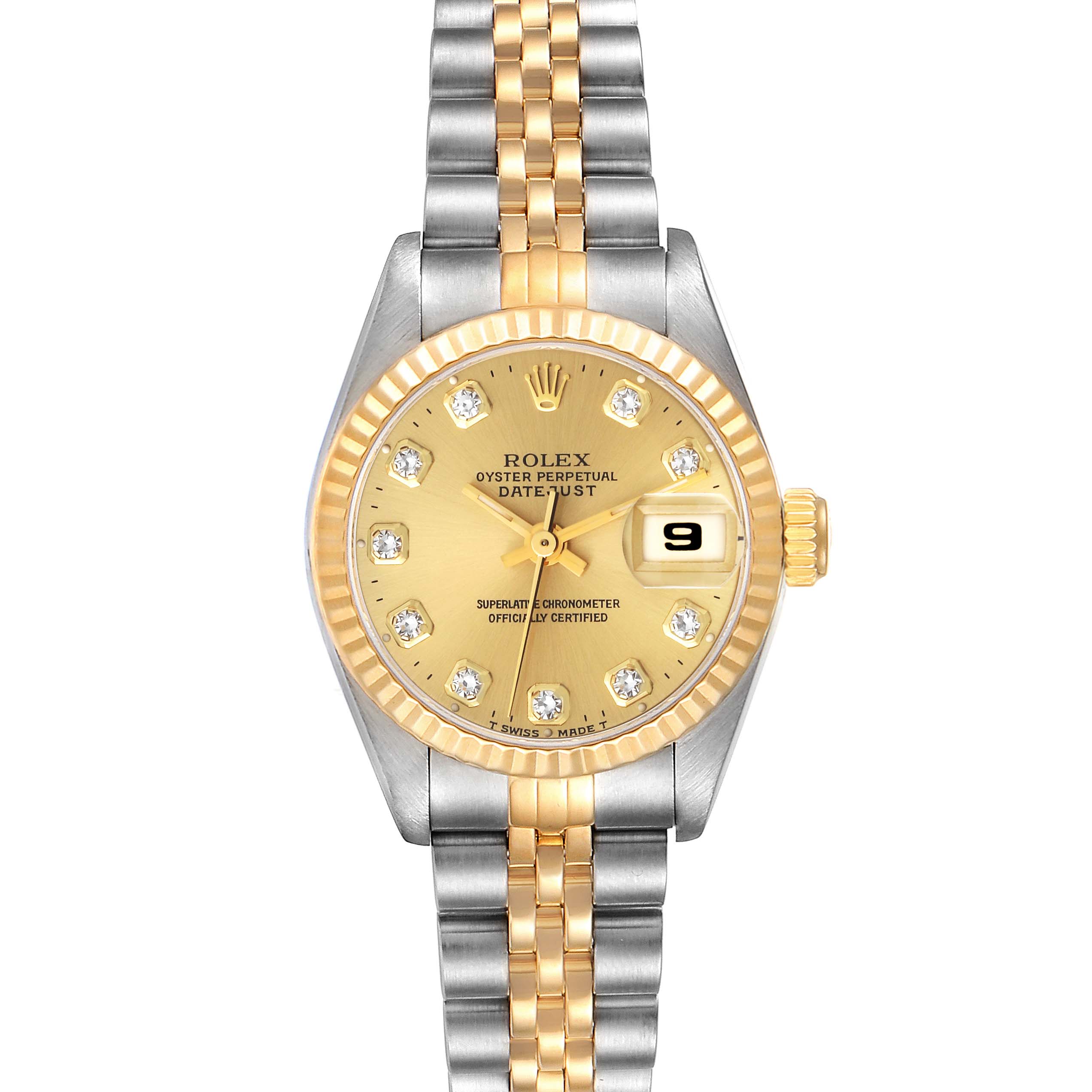 This image shows a front view of a Rolex Datejust 69173 Women's Steel and Gold (two tone) Champagne Dial 69173 Women's Steel and Gold (two tone) Champagne Dial watch, highlighting its gold dial, diamond markers, and two-tone bracelet.