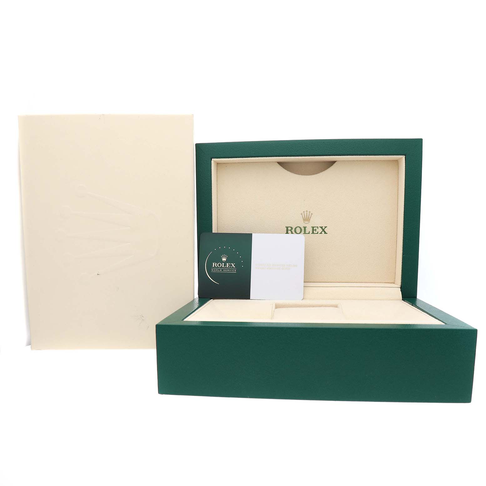 The image shows the open box and packaging for a Rolex President 228345 Men's Rose Gold Brown Dial watch, with a visible warranty card.
