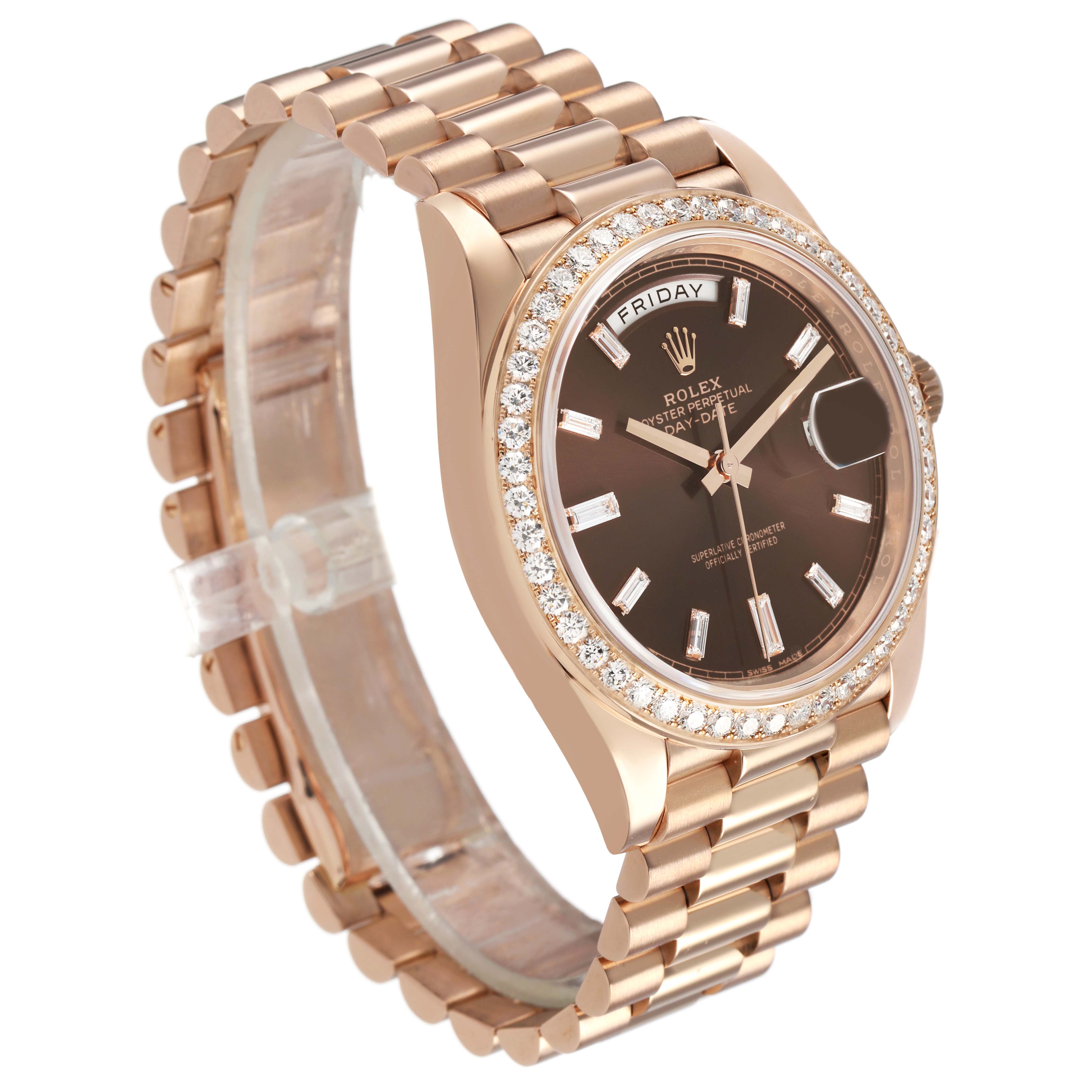 The Rolex President 228345 Men's Rose Gold Brown Dial model is shown at a three-quarter angle, highlighting the face, diamond bezel, and the signature bracelet.