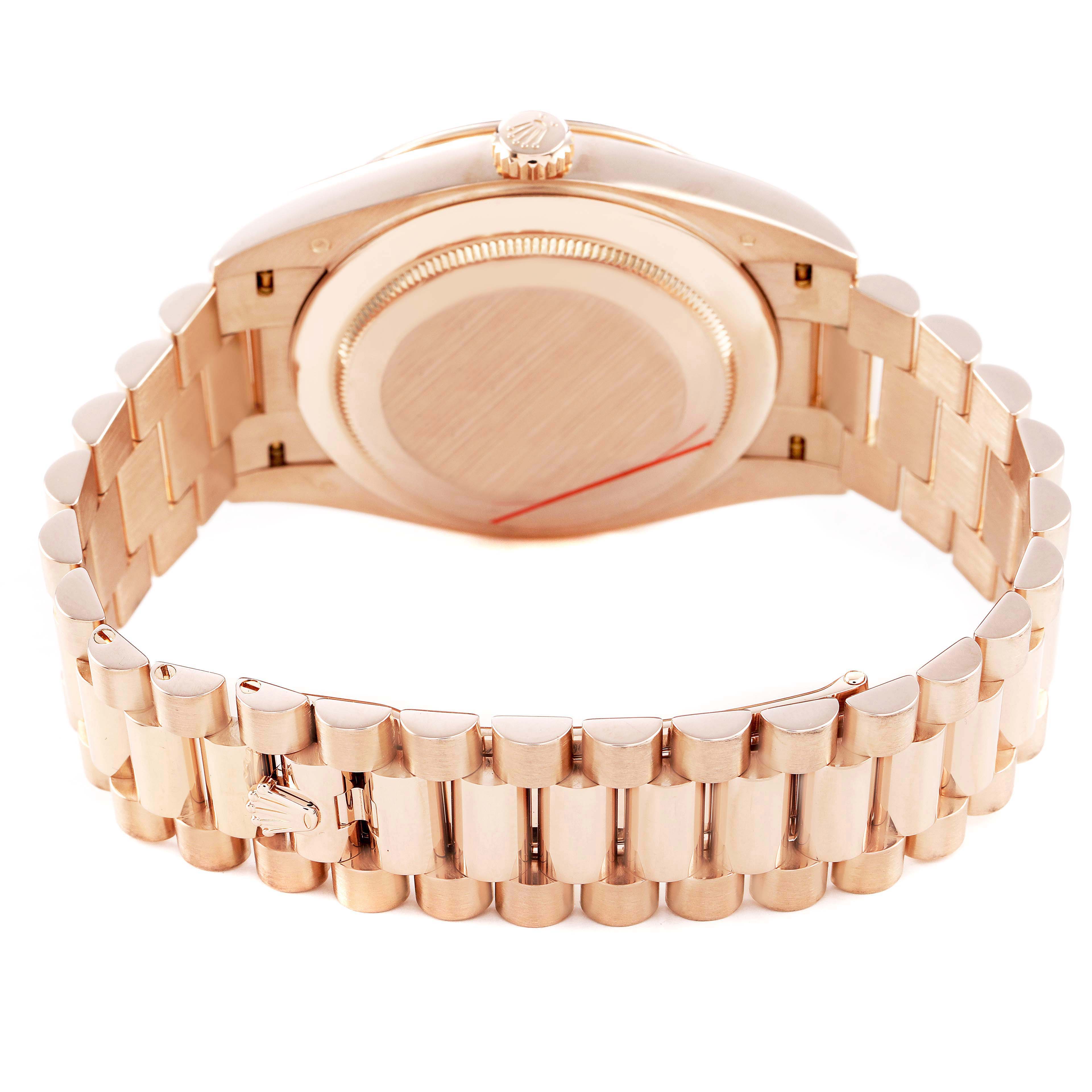 The image shows the back case and bracelet of a Rolex President 228345 Men's Rose Gold Brown Dial model watch from a rear angle.