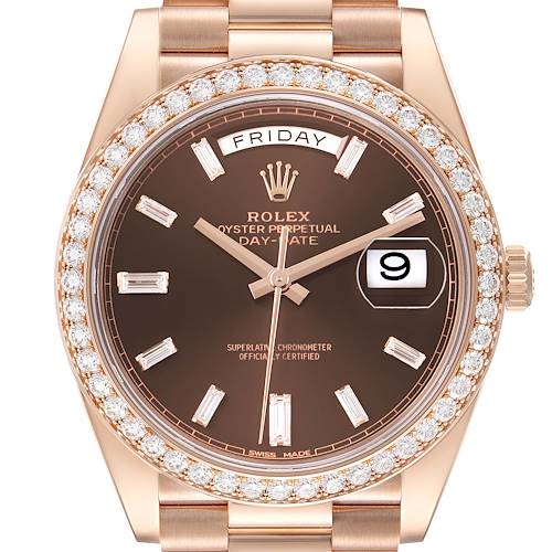The Rolex President 228345 Men's Rose Gold Brown Dial model is shown from the front, highlighting the brown dial, diamond bezel, day, and date features.