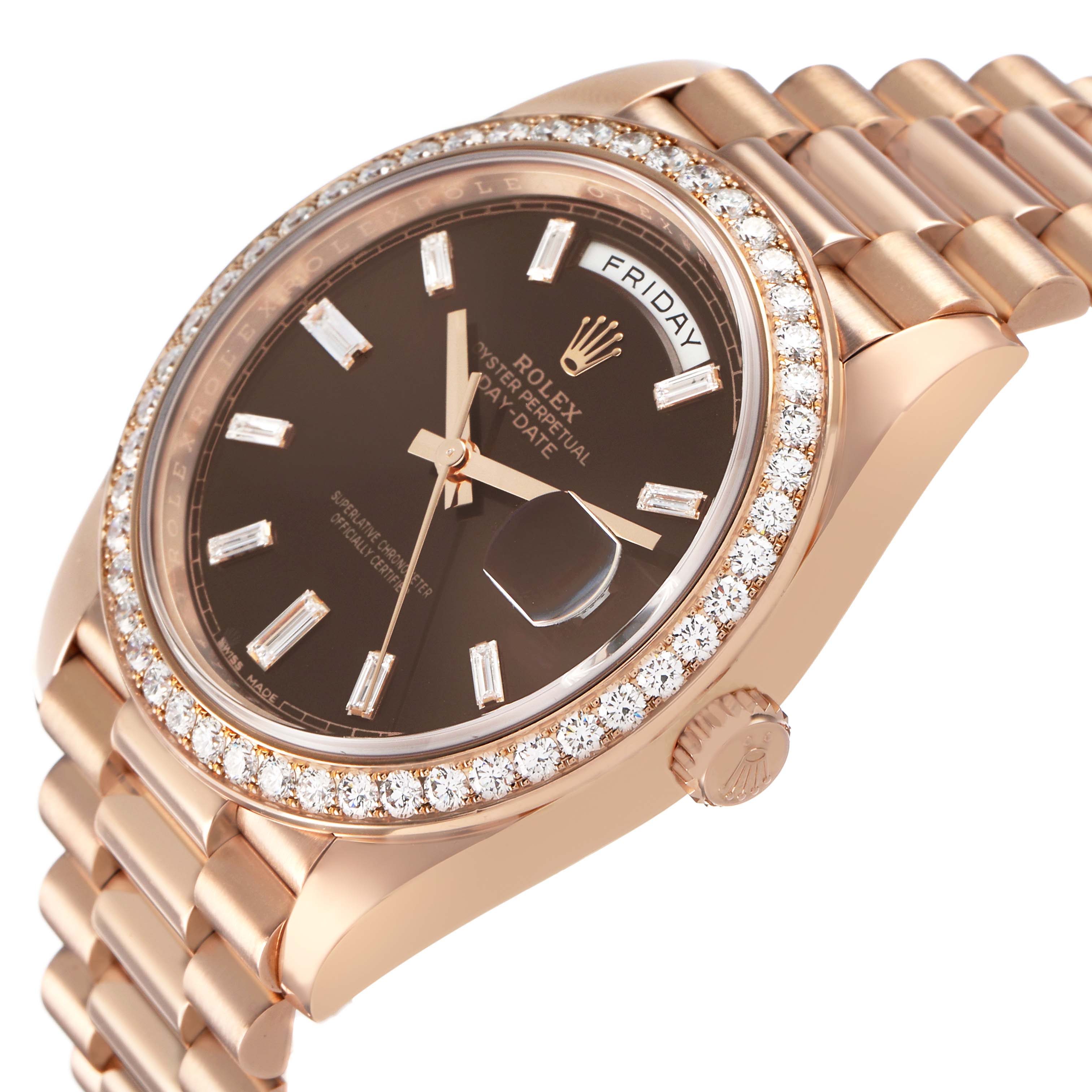 The image shows a Rolex President 228345 Men's Rose Gold Brown Dial watch at an angled view, featuring a diamond bezel, bracelet, and crown.