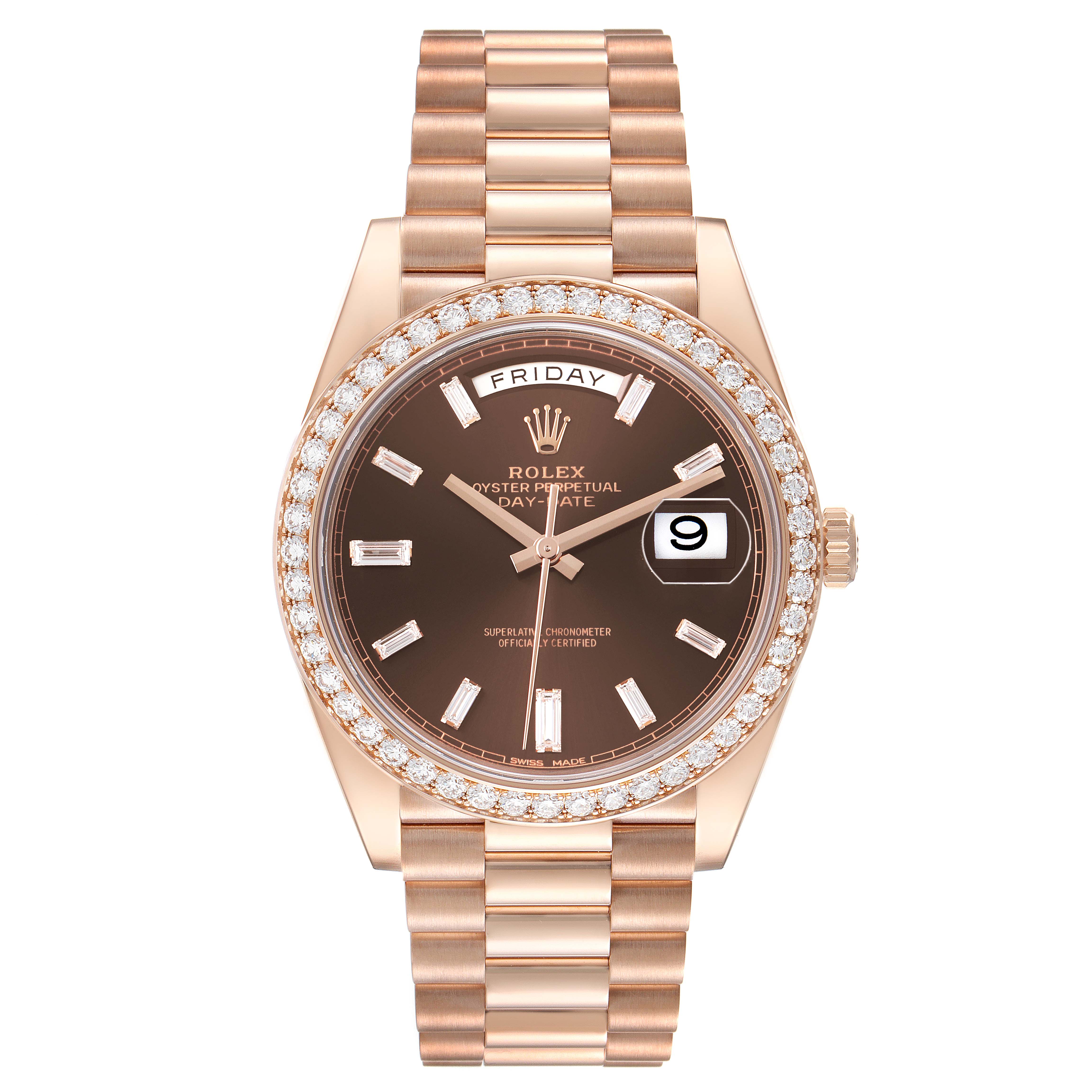 The Rolex President 228345 Men's Rose Gold Brown Dial model watch is shown from a front angle, highlighting its brown dial, diamond bezel, day, and date features.
