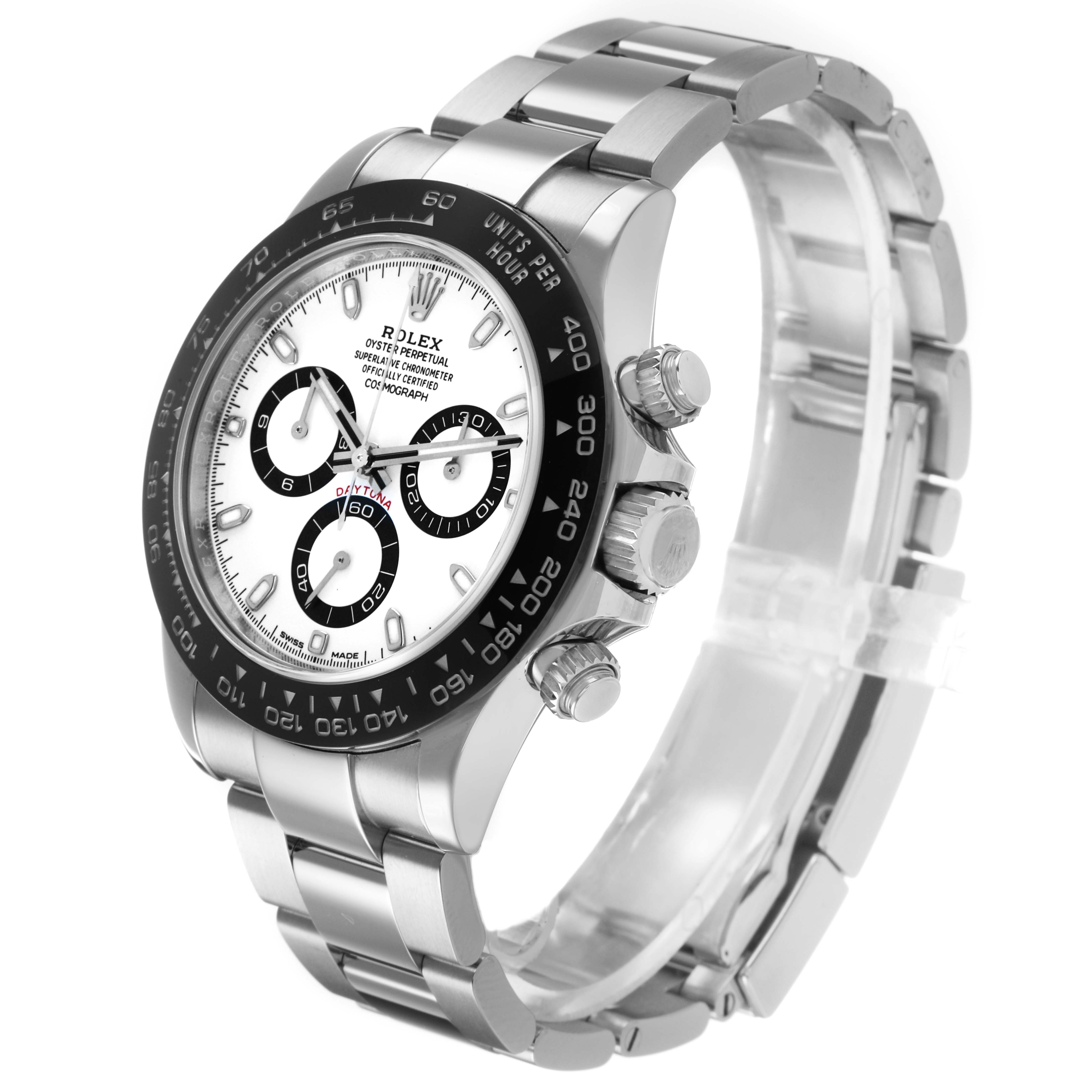 The Rolex Daytona 116500LN Men's Stainless Steel White Dial watch is shown at a three-quarter angle, highlighting the dial, bezel, crown, pushers, and bracelet.