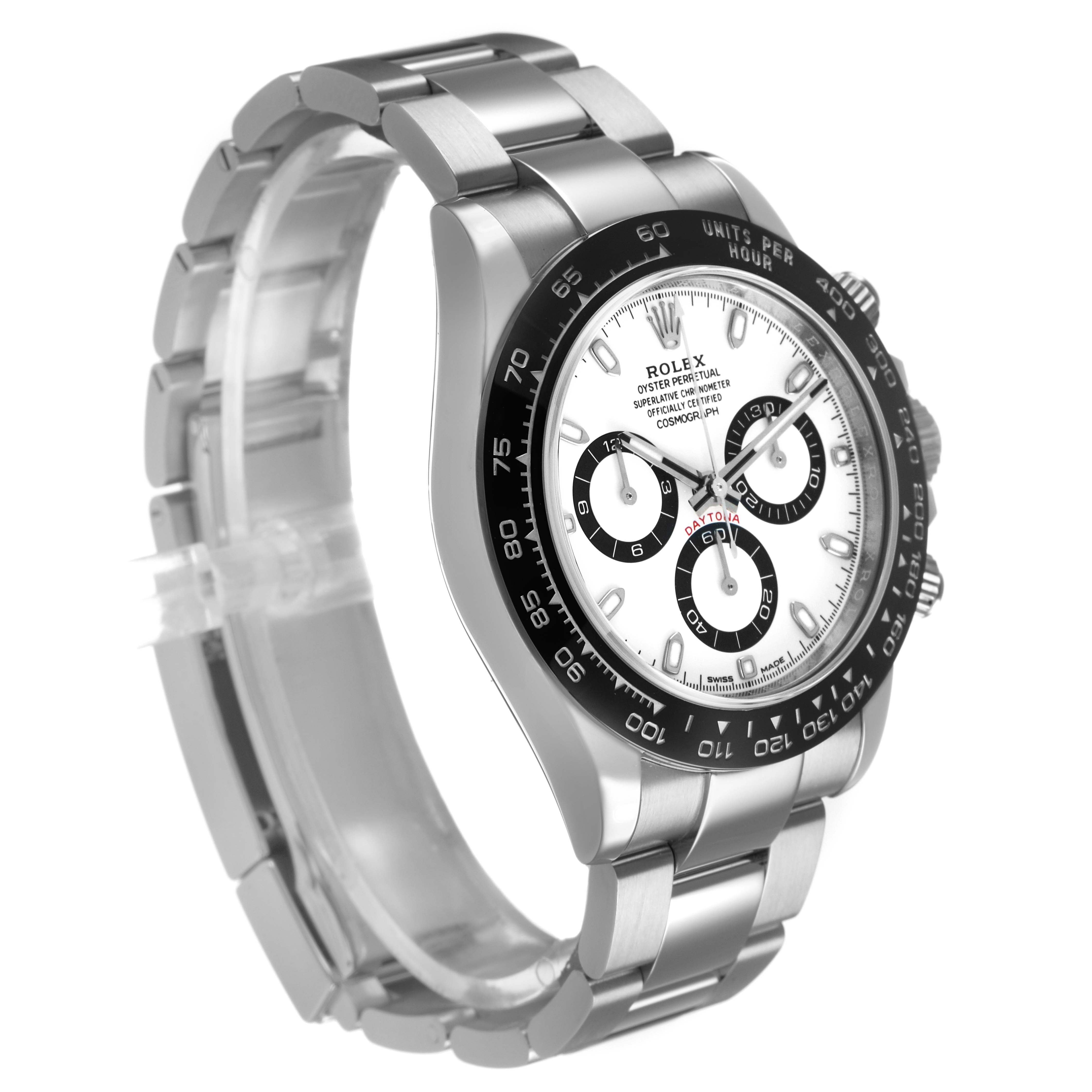 The Rolex Daytona 116500LN Men's Stainless Steel White Dial watch is shown at a three-quarter angle, highlighting its bezel, dial, crown, and metal bracelet.