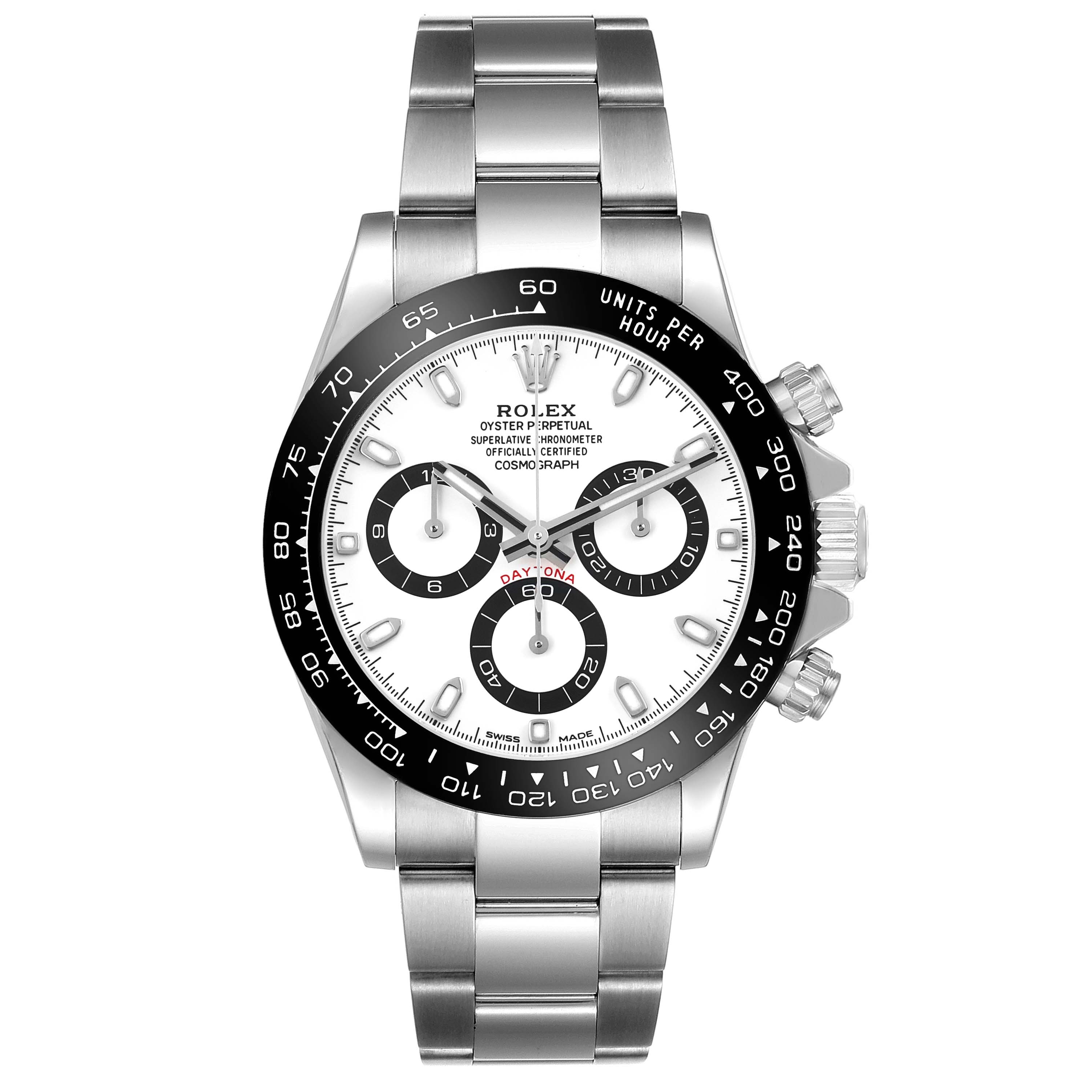 The Rolex Daytona 116500LN Men's Stainless Steel White Dial watch is shown from a front angle, highlighting the bezel, dial, subdials, and bracelet.