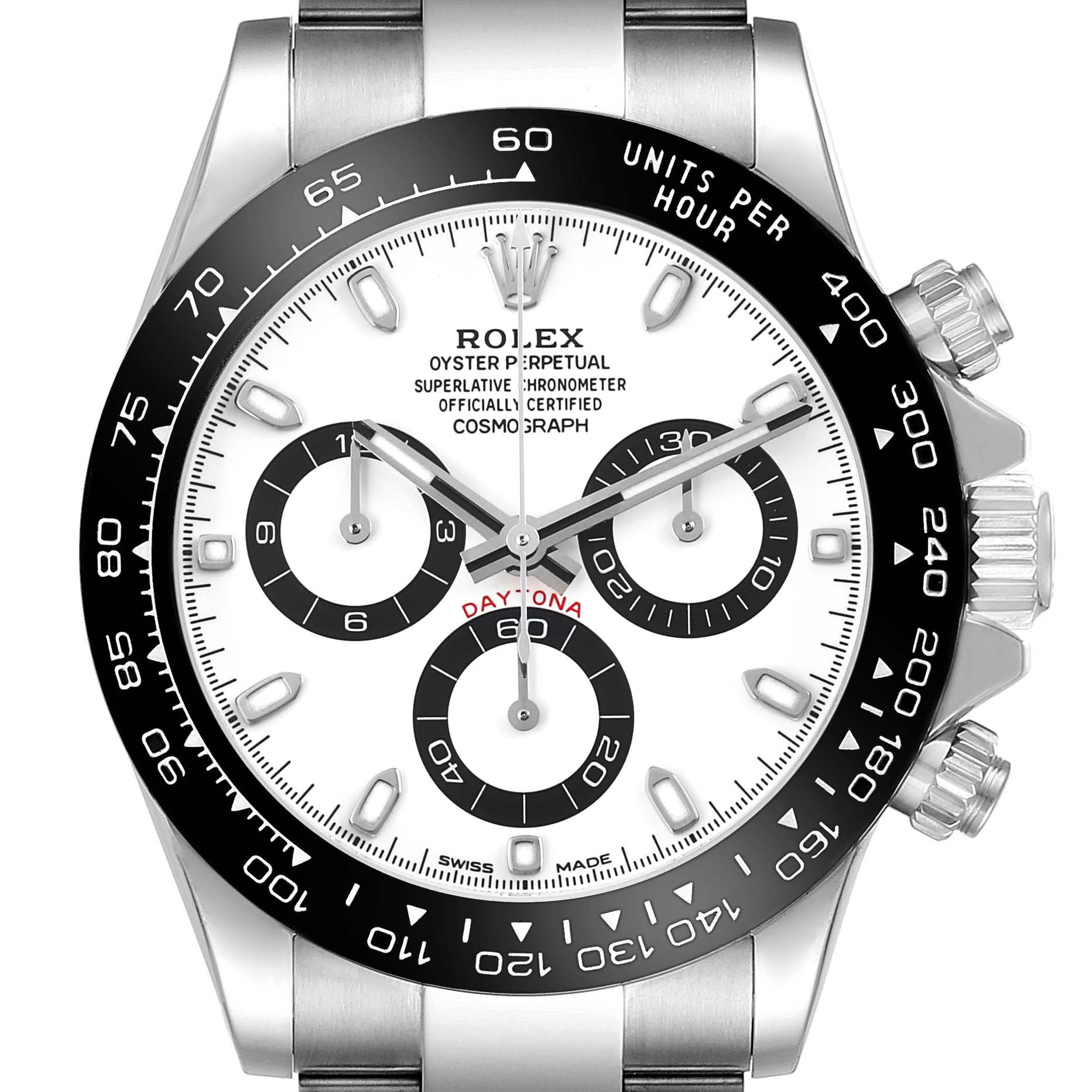 The image shows a front view of a Rolex Daytona 116500LN Men's Stainless Steel White Dial watch, highlighting the dial, bezel, and pushers.