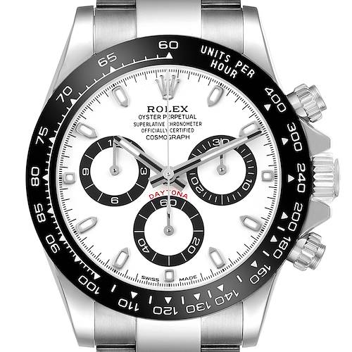 The image shows a frontal view of the Rolex Daytona 116500LN Men's Stainless Steel White Dial watch, highlighting its bezel, dial, subdials, and crown.