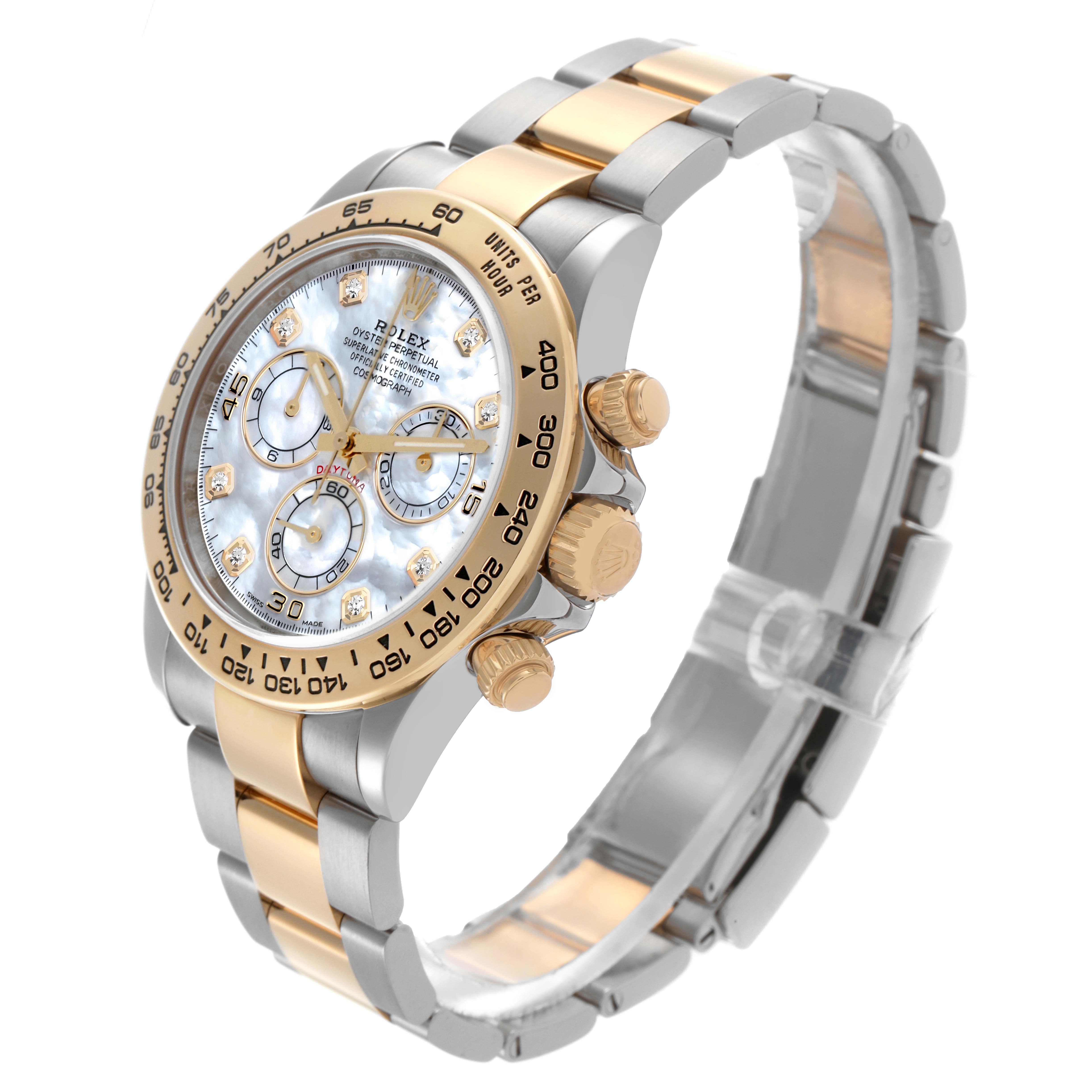 The Rolex Daytona 116503 Men's Steel and Gold (two tone) Mother of Pearl Dial 116503 Men's Steel and Gold (two tone) Mother of Pearl Dial watch is shown at a three-quarter angle, highlighting the bezel, dial, and bracelet.