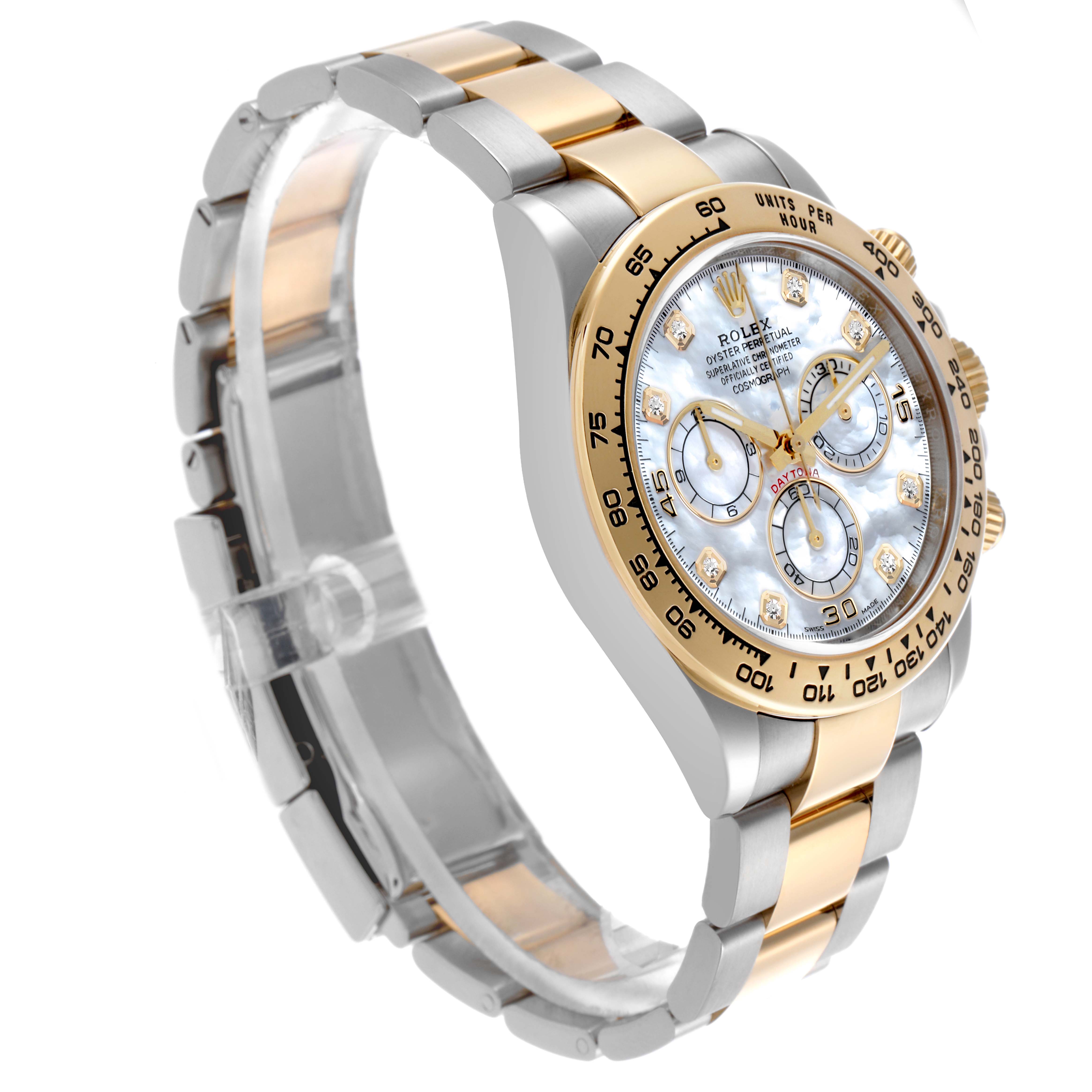 The Rolex Daytona 116503 Men's Steel and Gold (two tone) Mother of Pearl Dial 116503 Men's Steel and Gold (two tone) Mother of Pearl Dial watch is shown at a three-quarter angle, highlighting its gold and silver bracelet, bezel, and dial.