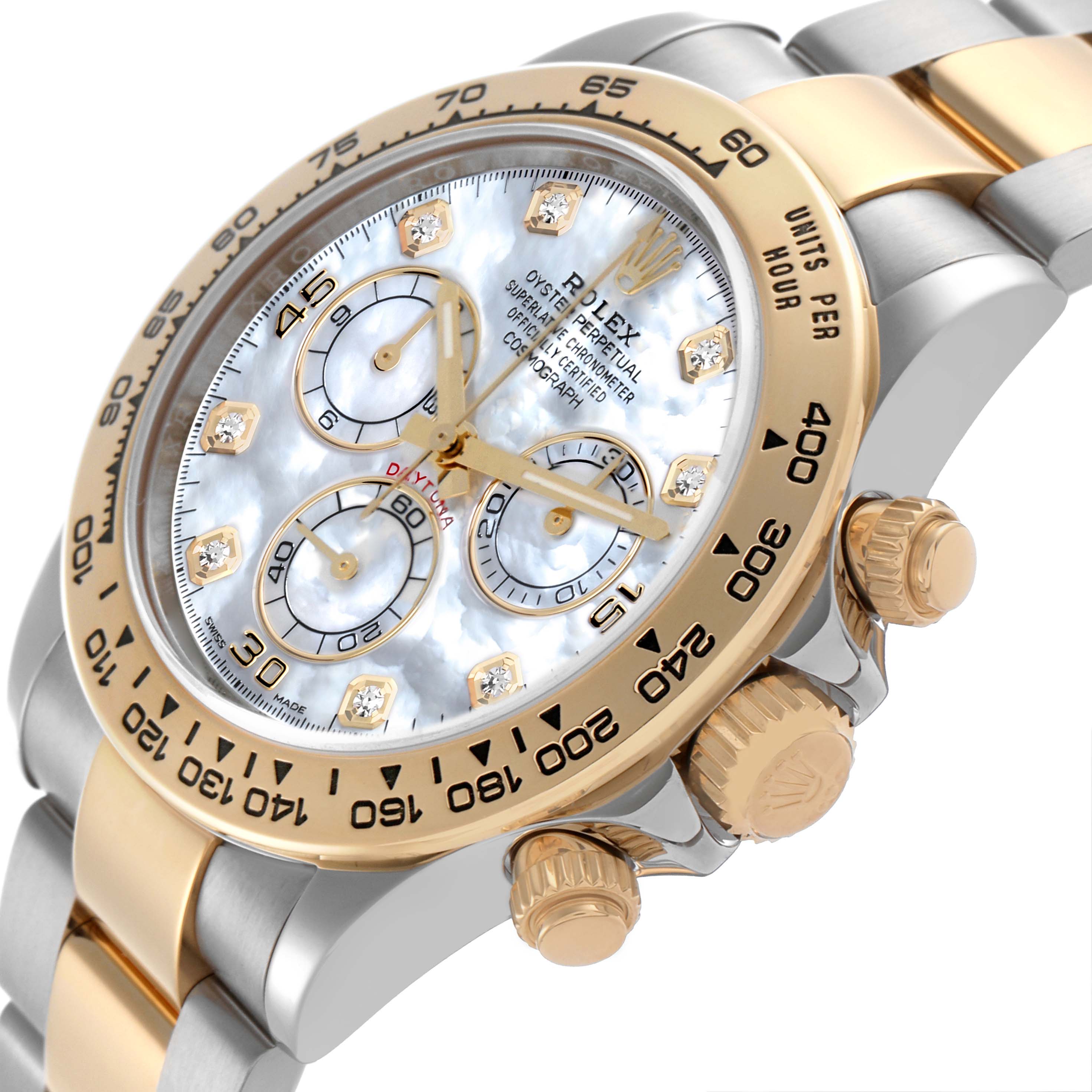 The Rolex Daytona 116503 Men's Steel and Gold (two tone) Mother of Pearl Dial 116503 Men's Steel and Gold (two tone) Mother of Pearl Dial watch is shown at an angled view highlighting its bezel, dial, crown, and part of the bracelet.