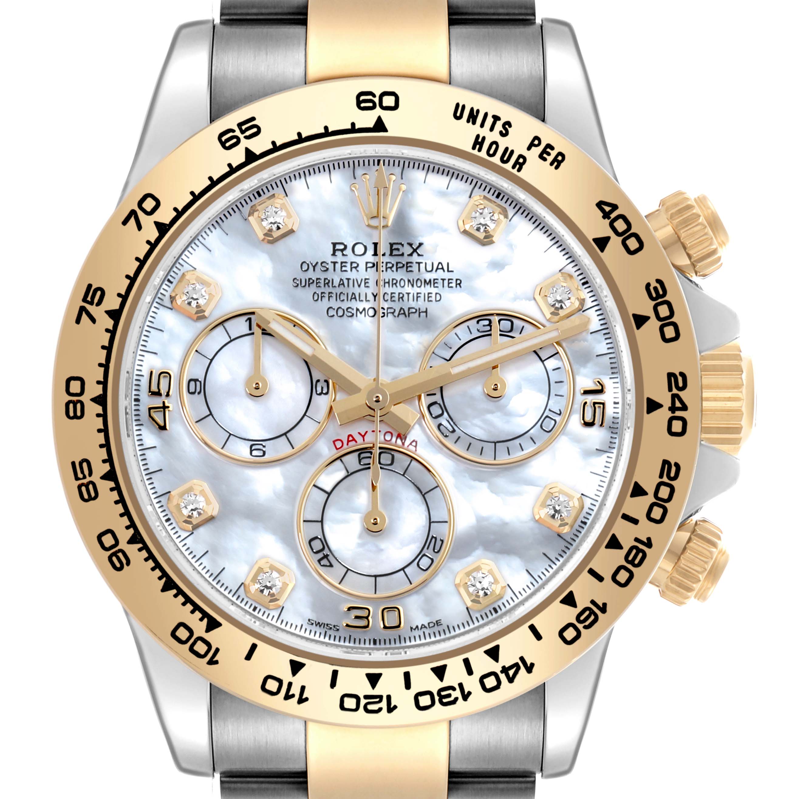 The Rolex Daytona 116503 Men's Steel and Gold (two tone) Mother of Pearl Dial 116503 Men's Steel and Gold (two tone) Mother of Pearl Dial watch is shown from the front, highlighting its dial, bezel, and crown.